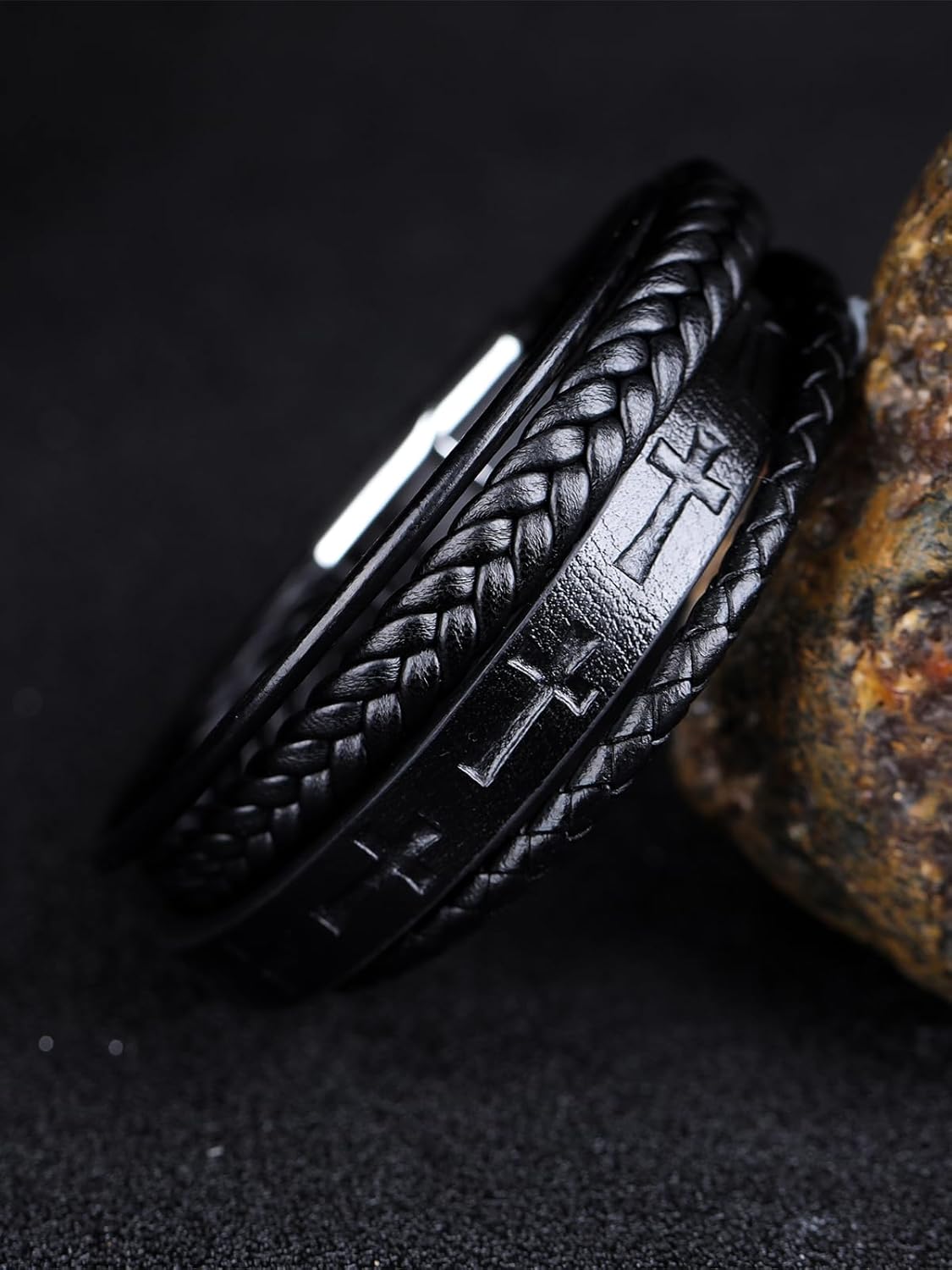 Mens Leather Cross Bracelet Multilayer Braided Wristband Bangle Bracelets with Stainless Steel Buckle Religious Gift for Men Brown/Black/Blue–8.3 inch - Image 4