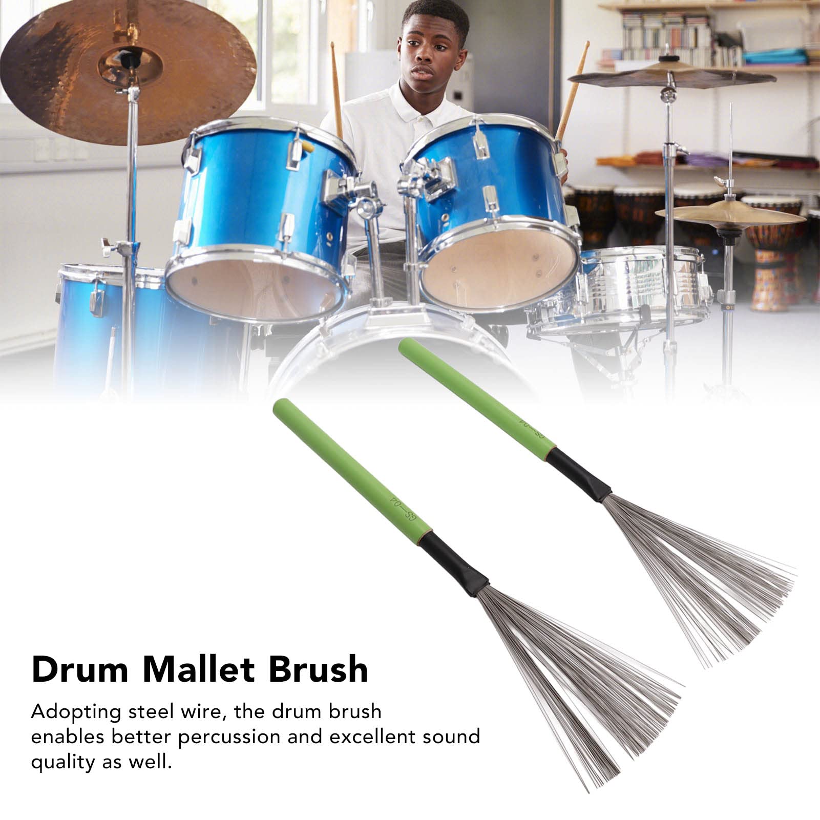 Drum Brushes, 1 Pair Steel Wire Drum Stick Brush with Wooden Handle for Jazz, Rock, Acoustic, Portable Percussion Brushes for Drummer Playing, Beginner Practicing, Rock Bands (Green)