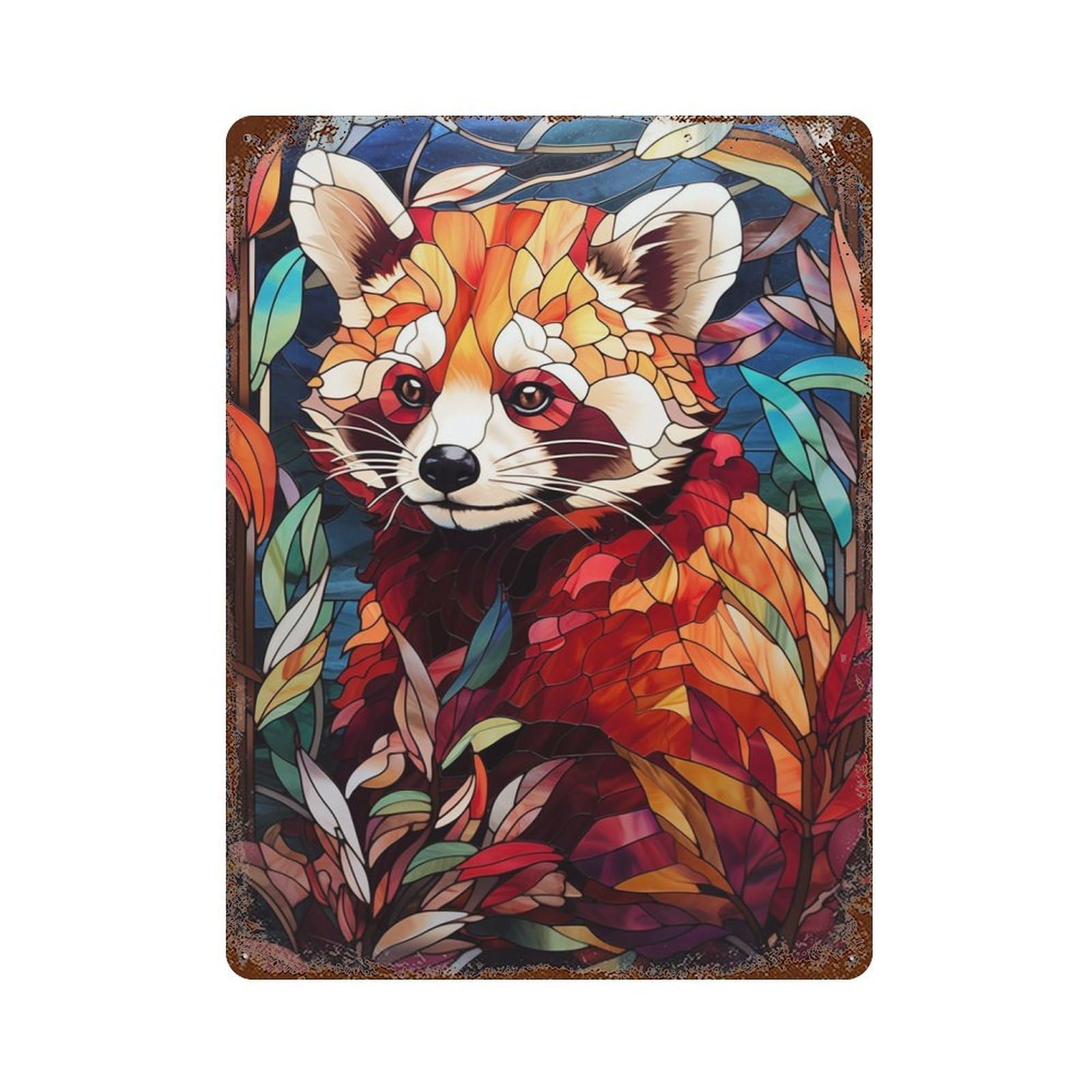 Vintage Rust Metal Sign Red Panda Stained Glass 15.7"x11.8", Shabby Chic Decor for Cafe, Home Bar And Lounge Decor