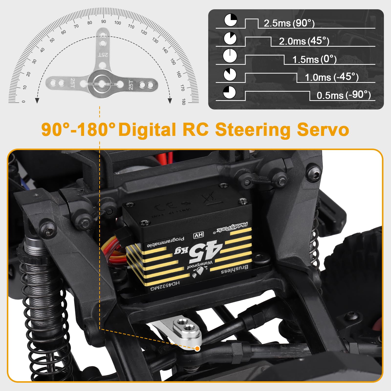 HobbyPark Servo a control remoto impermeable de alto par sin escobillas, engranaje de metal, servo digital para 1/8 1/10 RC Crawler SCX10 TRX4 RC Truck Car Buggy RC Basher Ángulo de control 90°-180°