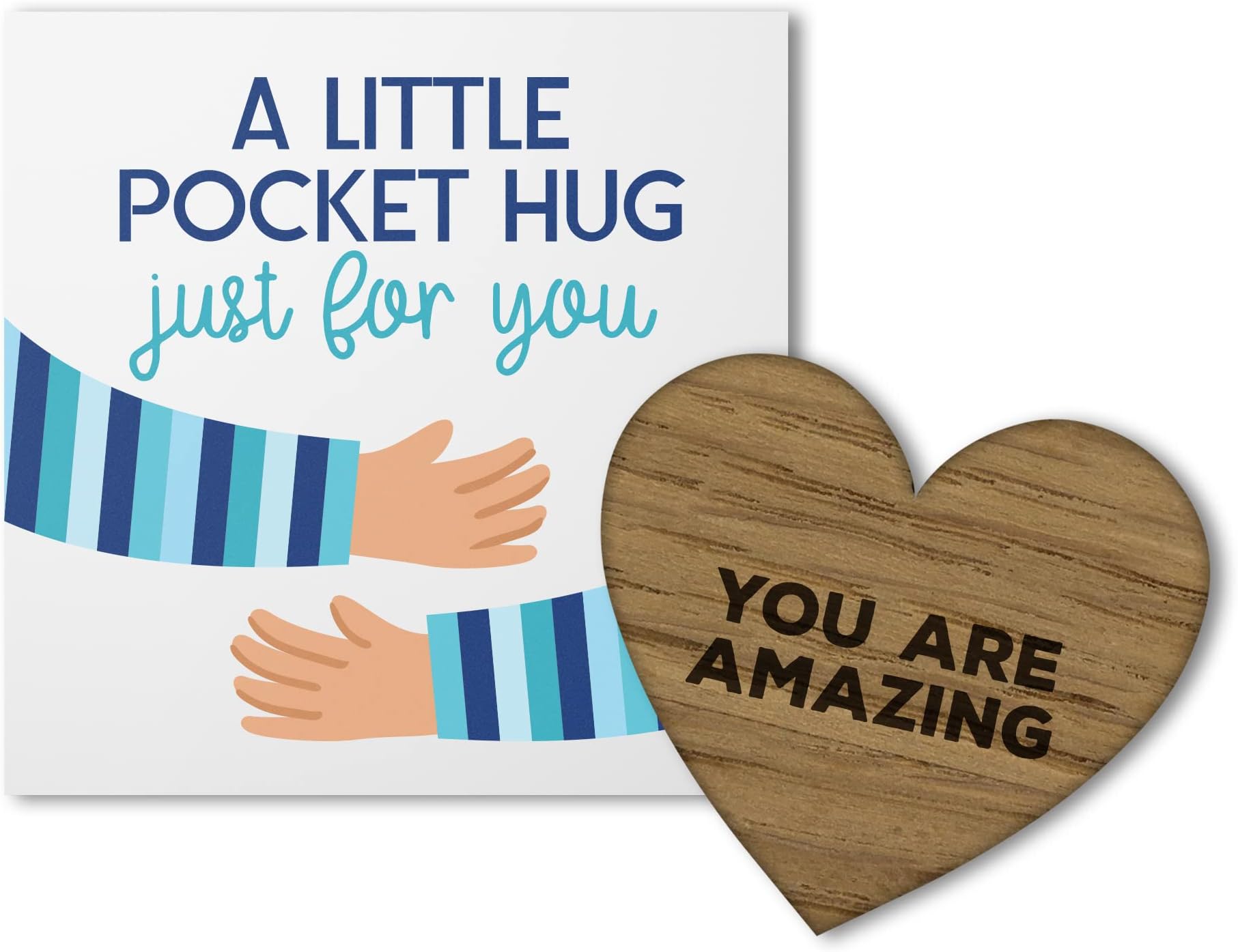 Little Pocket Hug Just For You Wooden Heart Token with Positive Affirmations - Small Keepsake Card For Wallet/Purse (Blue, You Are Amazing)