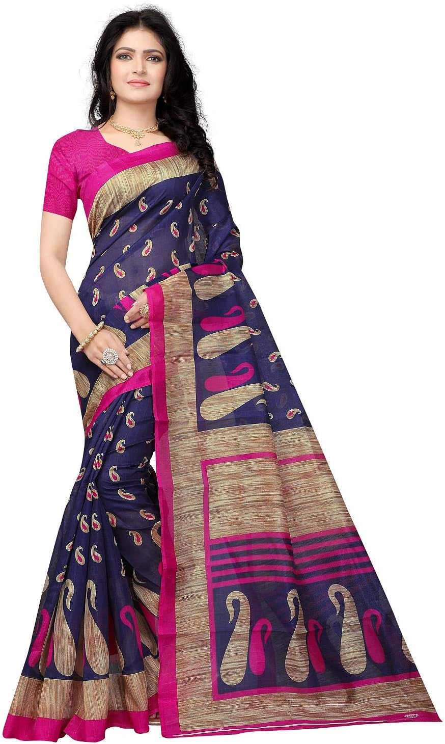 RUNAYA NX Women's New Look Bhagalpuri Purple Printed Saree With Unstitched Blouse