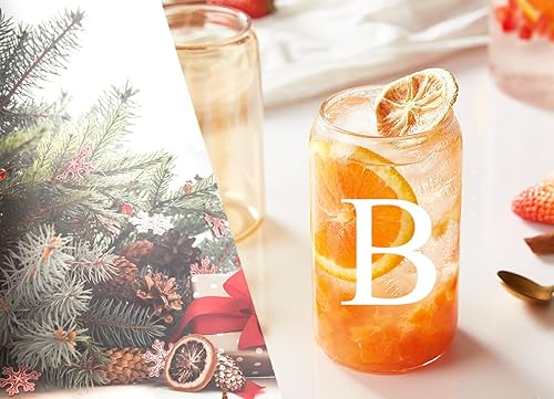 Miniatura 5 de Vaso de vidrio personalizado con inicial de 16 onzas con tapa y pajita. Vaso con forma de lata de 16 onzas de letra B. Vaso de cerveza personalizado