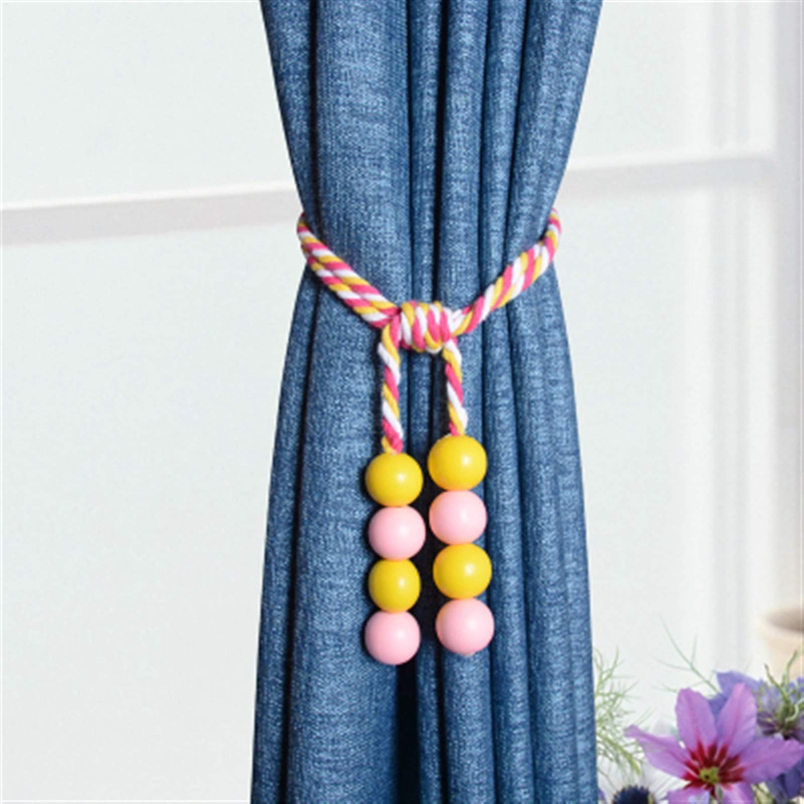 Embrasses de rideaux Lot de 2 embrasses de rideaux en boule de bois, cordes suspendues, ceinture, pompon, franges, accessoires for rideaux, crochet, fermoir, décoration d'intérieur, rose(Pink)