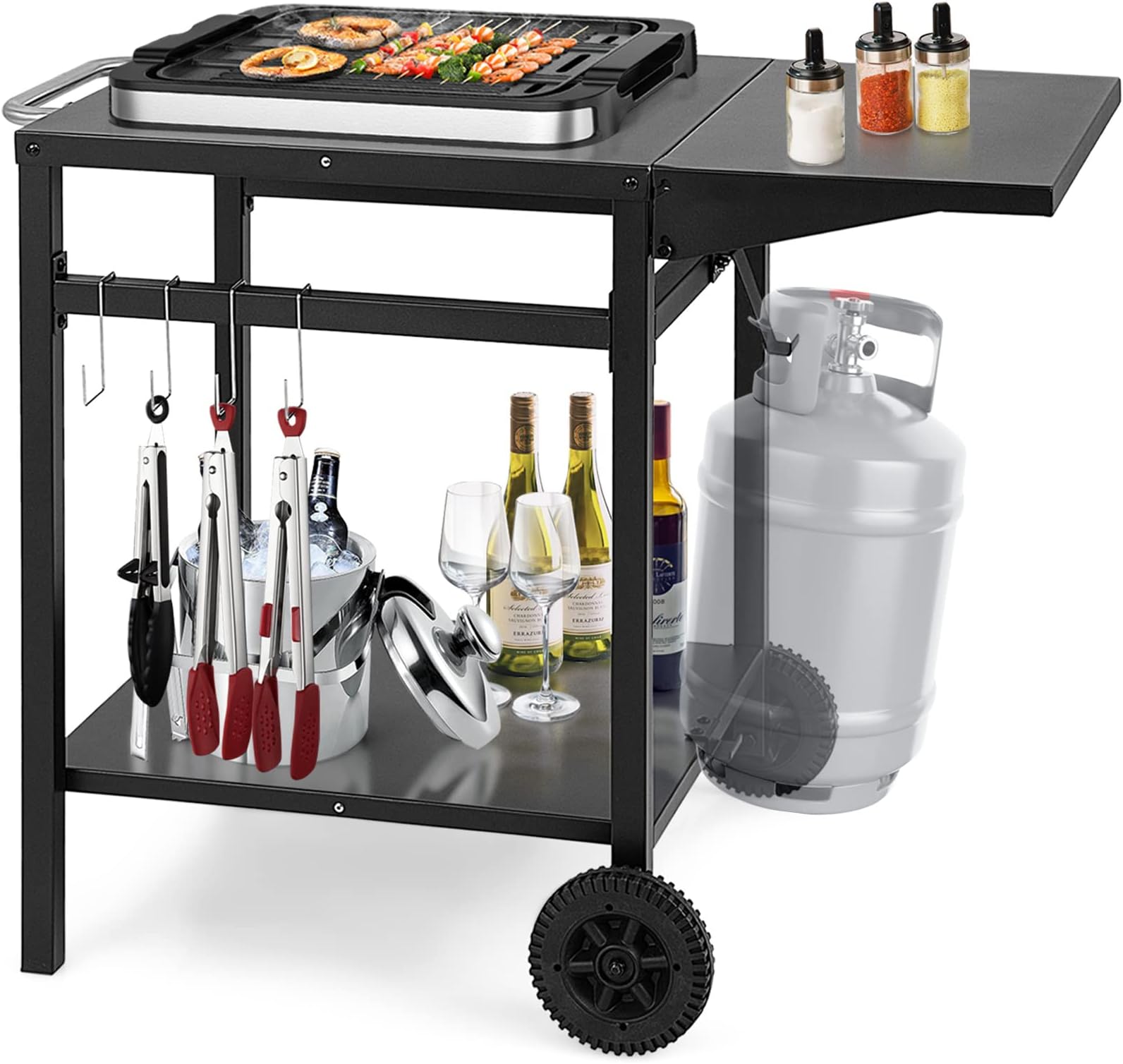 Giantex Outdoor Pizza Oven Stand Grill Cart with Wheels, Foldable Side Table, Gas Tank Hook, 4 Removable Hooks, Double-Shelf Movable Dining Cart Food Prep Worktable Trolley for Outside Kitchen BBQ