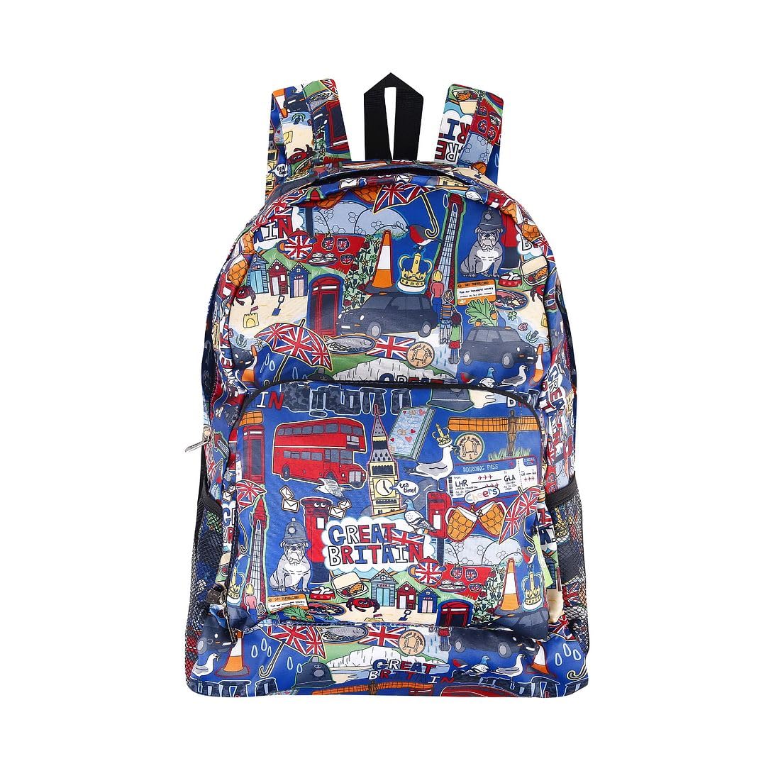 Eco Chic Unisex Great Britain Navy Lightweight Foldable Water Resistant Backpack Rucksack Folds Into Pouch For Storage (Great Britain Navy)