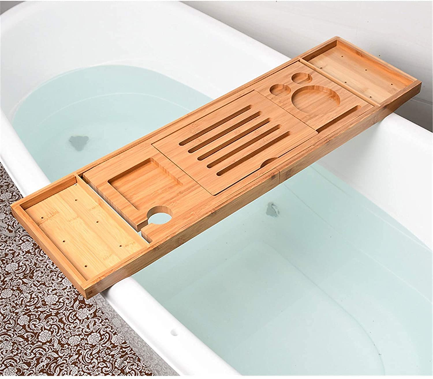 Scaffale per vasca da bagno in bambù telescopico antiscivolo mensola per vasca da bagno vassoio (75 x 22 x 3 cm)