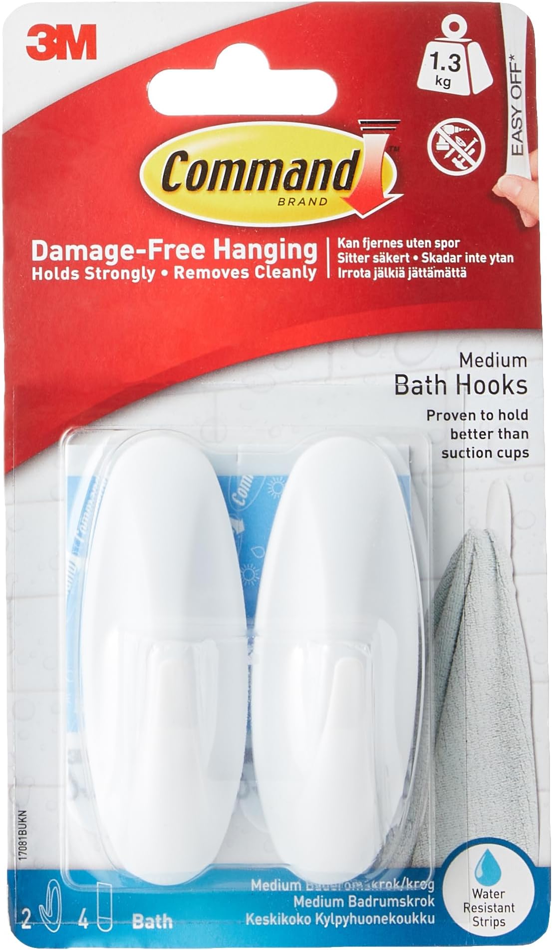 Command Bath Designer Medium Hook, 2 Hooks+4 strips/pack | Holds 1.3 kg each hook | Water-Resistant Strips | Organize | Decoration | No Tools | Holds Strongly | Damage-Free Hanging
