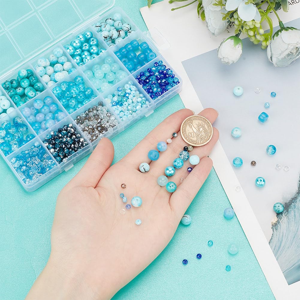 HOBBIESAY 770pcs 6 Styles Blue Glass Beads for Jewelry Making - Sea Glass, Crackle, Round Beads for Bracelet Earring, Necklace Supplies - Image 3