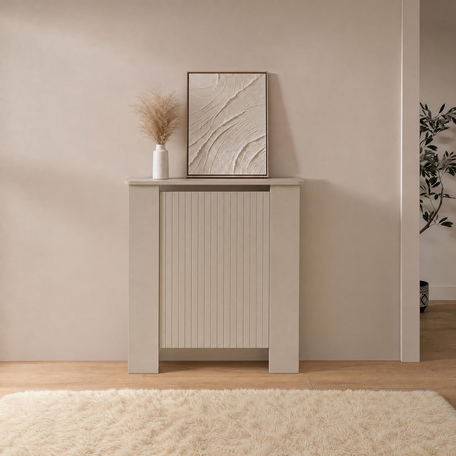 OHS Small Radiator Cover Ribbed Wooden Top Shelf Heater Cover, Stone