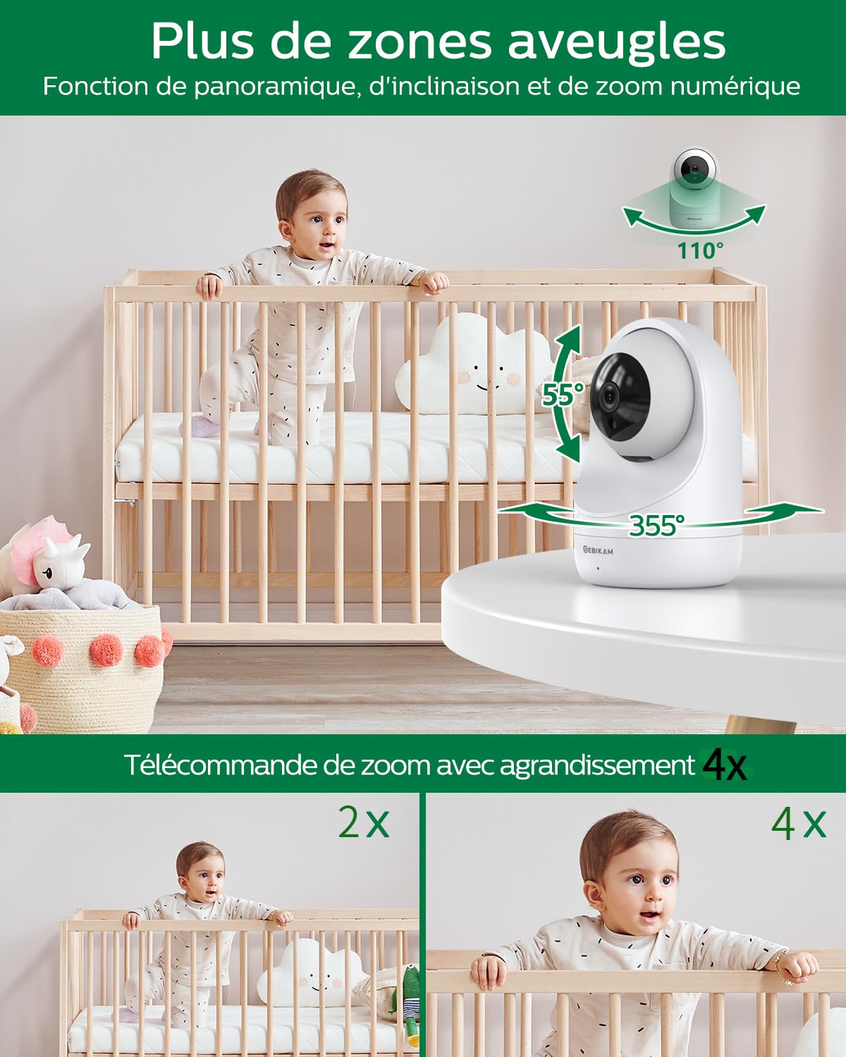 Babyphone Vidéo 5,5 Pouces 2K 3MP HD, FHSS & WiFi avec App | Batterie 4000mAh, Vision Nocturne, Audio Bidirectionnel, Mode VOX, Rotation 355°, Surveillance Température, Berceuses