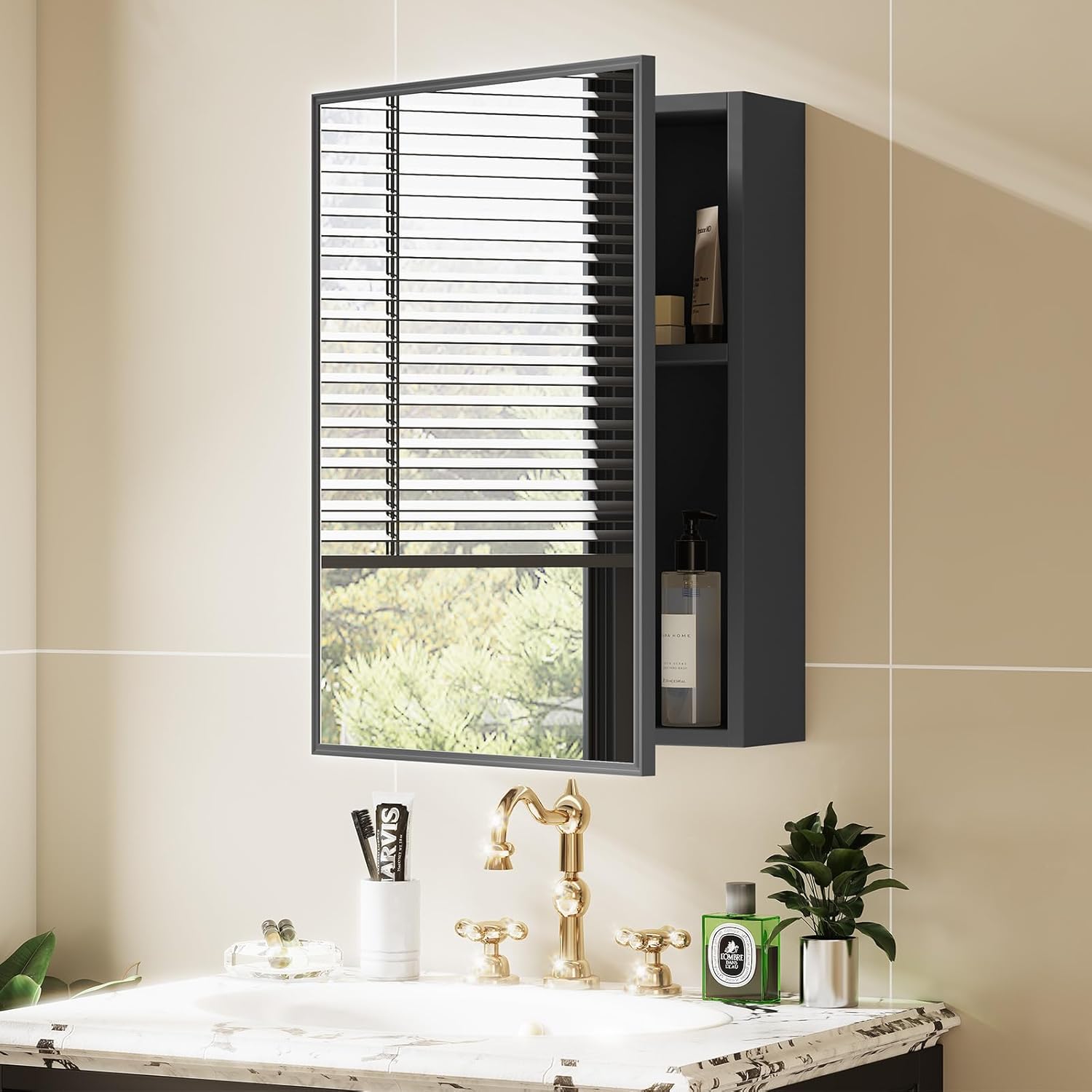 2-Tier Medicine Cabinet Mirror, 16''x22'' Aluminum Pre-Assembled Small Bathroom Mirror Cabinet with Storage for Recessed or Wall Mounted, Black Black 2-Tier