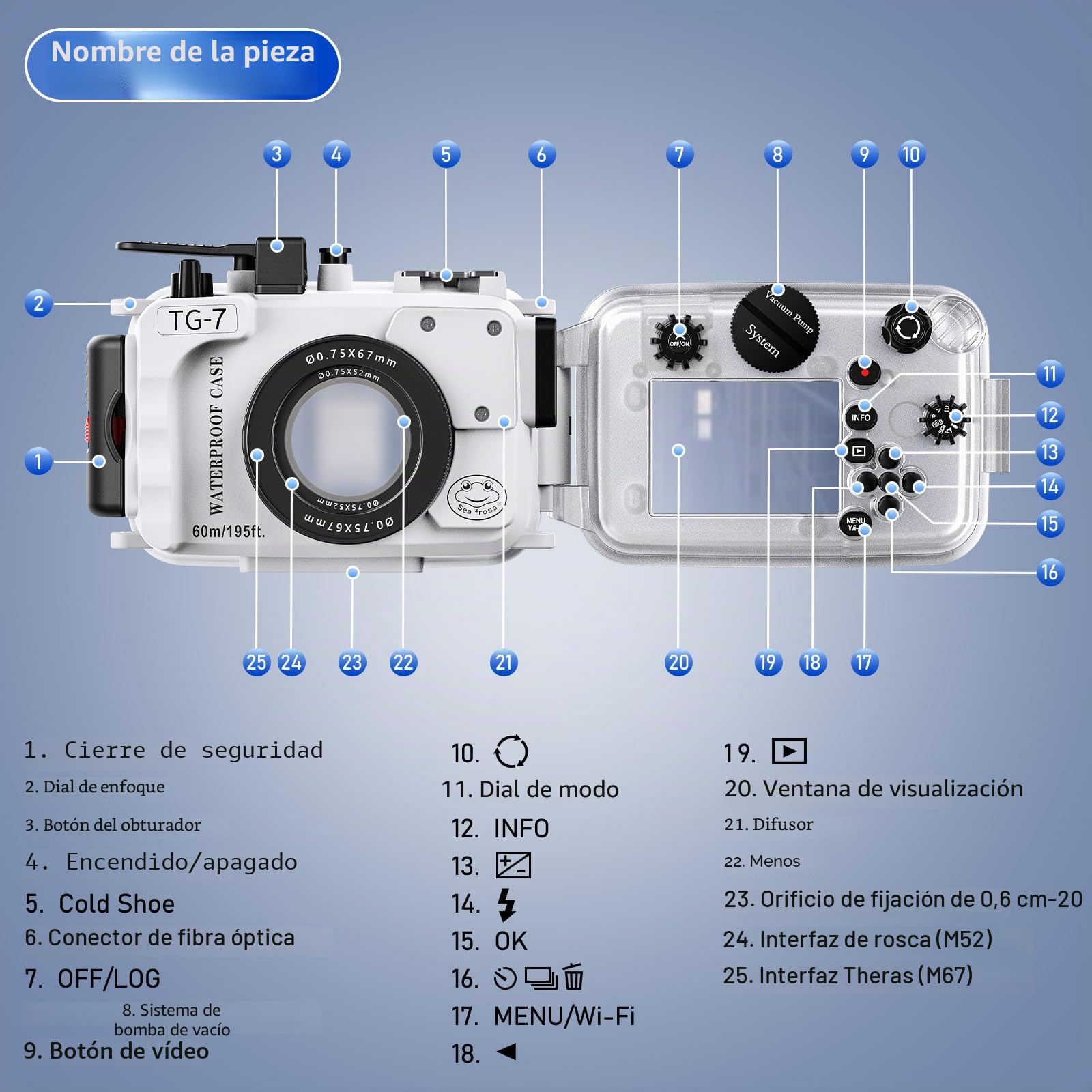 Seafrogs - Carcasa subacuática para cámara Olympus TG-7 de 60 m, Funda Impermeable con Rosca de 52 mm y 67 mm, Puertos de Fibra óptica duales, detección de Fugas (TG-7+ Blanco)
