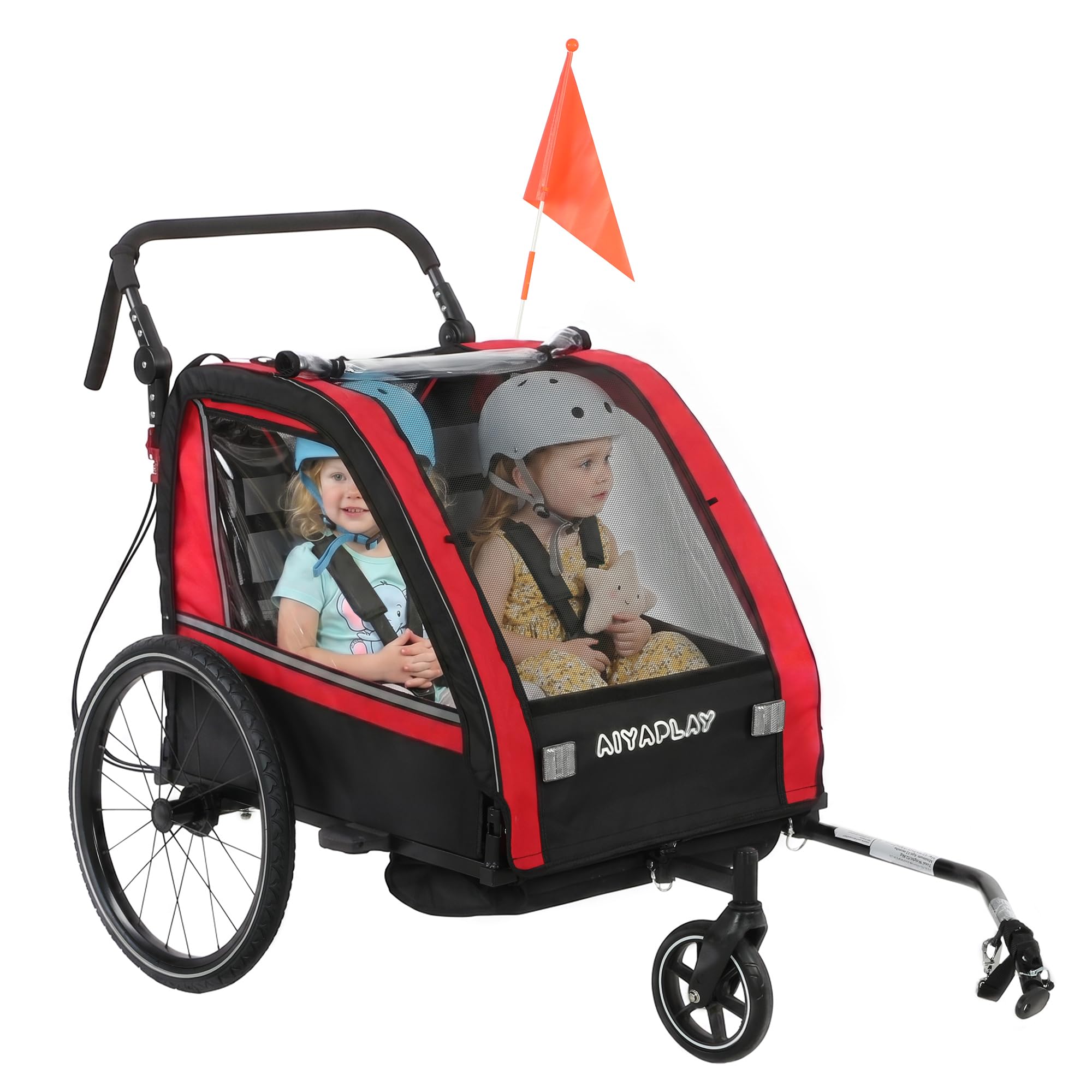 AIYAPLAY Remorque vélo Enfant 2 Places 2 en 1, Poussette vélo bébé avec Guidon réglable, Frein à Main, Ceinture de sécurité 5 Points, Fanion de sécurité, attelage Universel, jusqu'à 38 kg, Rouge