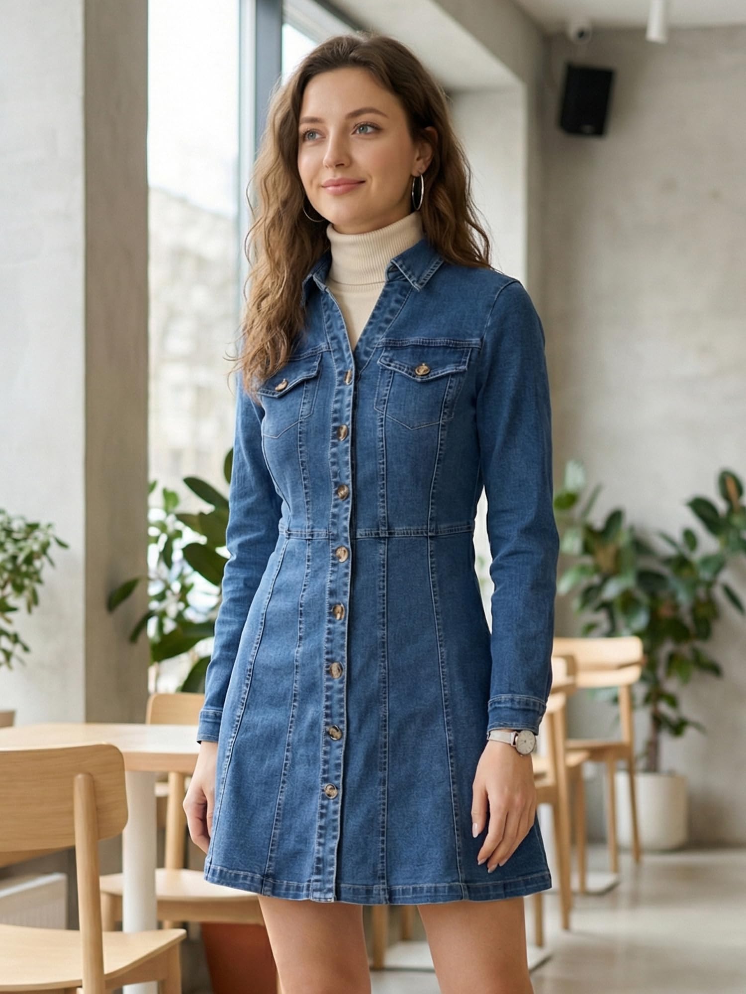 Allegra K Damen Denim Langarm Aufrollen Knopfleiste Jeans Shirtkleid Kleid