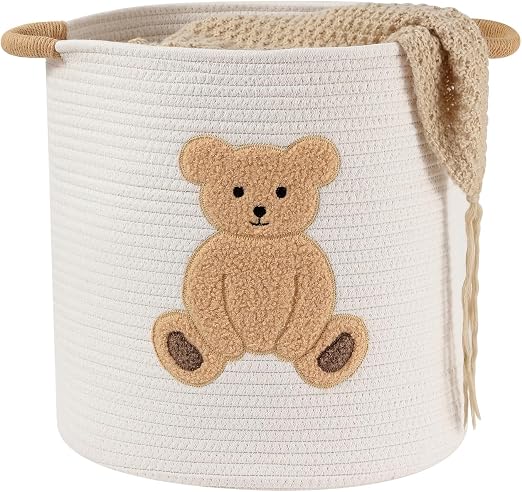 YFNHOME Panier Bébé Polyvalent en Corde Tressée avec Broderie Ourson - 36 L
