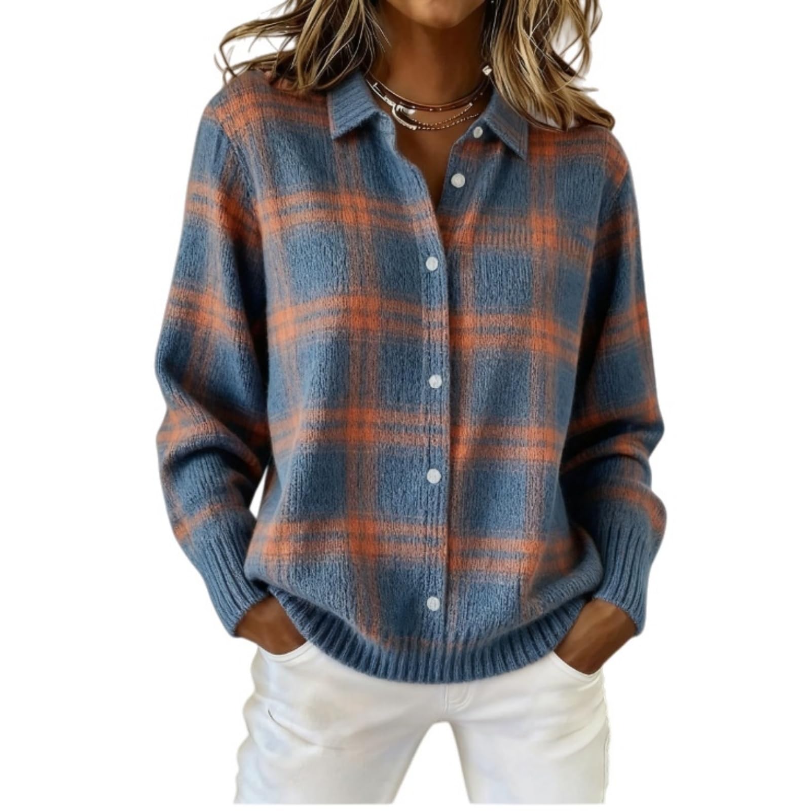 Womens Plaid Print Casual Cotton Buttoned Cardigan Sweater Plaid Knitted Cropped Cardigan Sweater