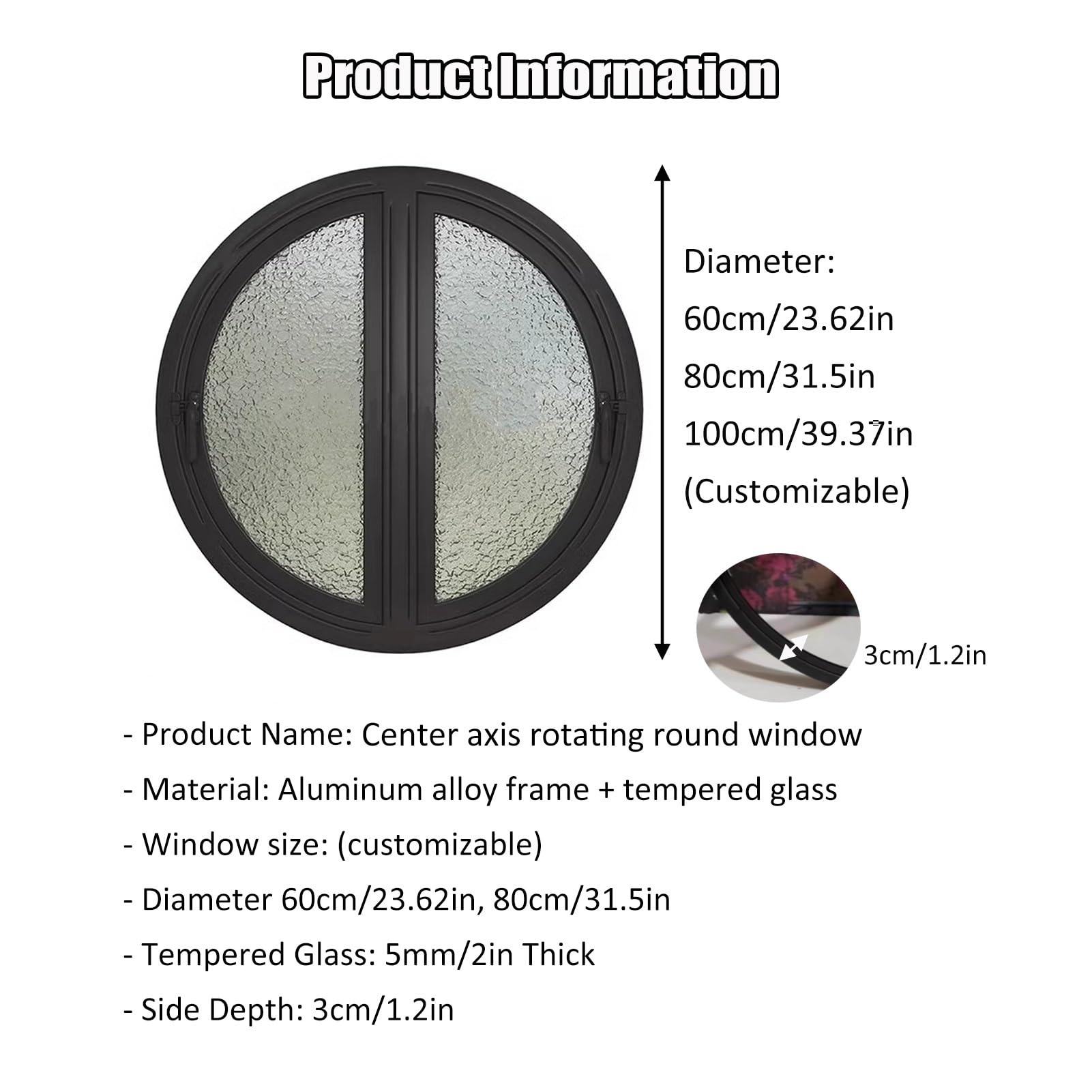 Ventanas Redondas con Marco de Aluminio, giratorias 180° para cobertizos, Ventanas abatibles de Doble Cara con ventilación de Repuesto para áticos, sótanos y almacenes (80 cm/31,5 Pulgadas)