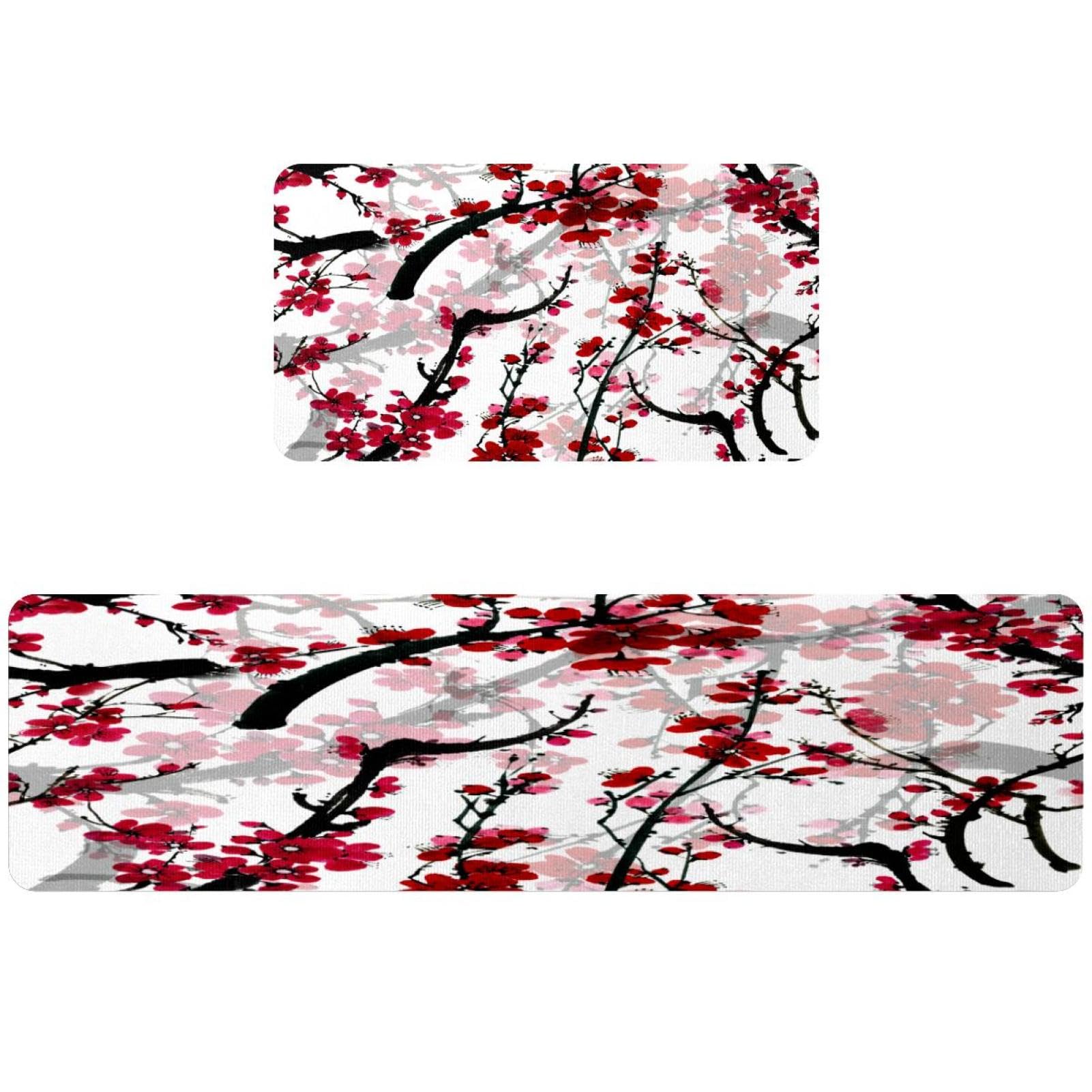 Tapis de cuisine antidérapant lot de 2 lavable absorbant motif fleur rouge