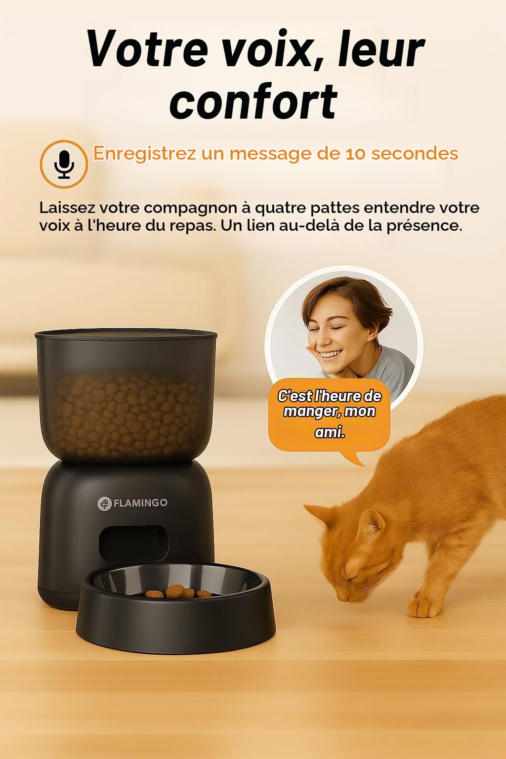 Distributeur croquettes Chat Automatique - Distributeur croquettes Chien - 3L programmable avec minuterie et Message Vocal - Flamingo Distributeur de Nourriture Blido Noir