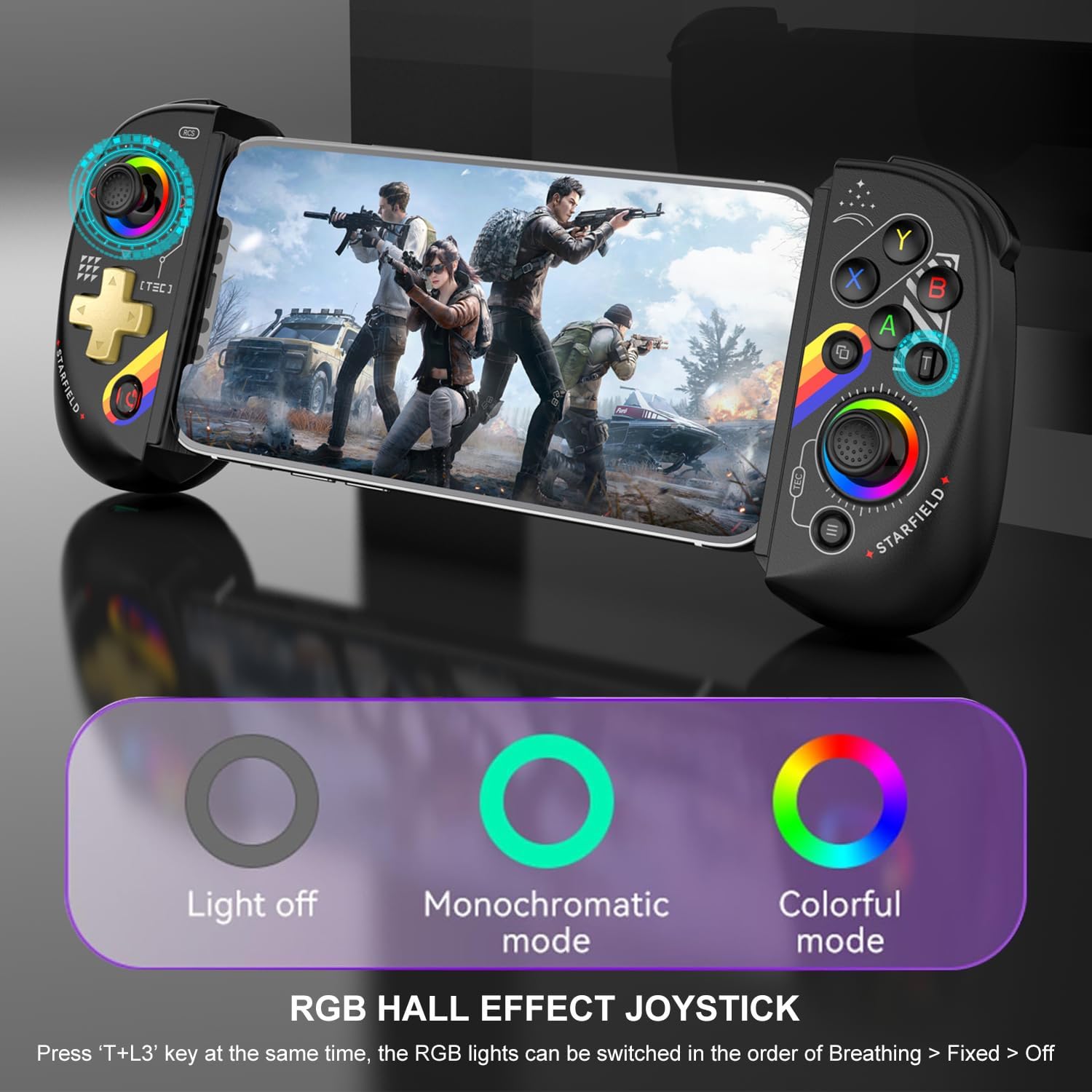 Megadream Controller da gioco mobile per iPad/tablet (fino a 10 pollici) RGB Light Bluetooth Gamepad per iPhone/Android/PC/Switch, joystick effetto Hall con trigger lineare, funzione turbo, nero
