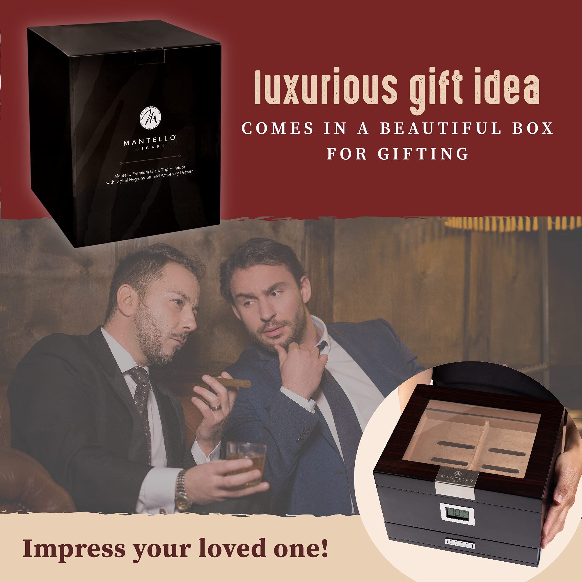 Mantello Cigar Humidor Box with Digital Hygrometer and Accessory Drawer