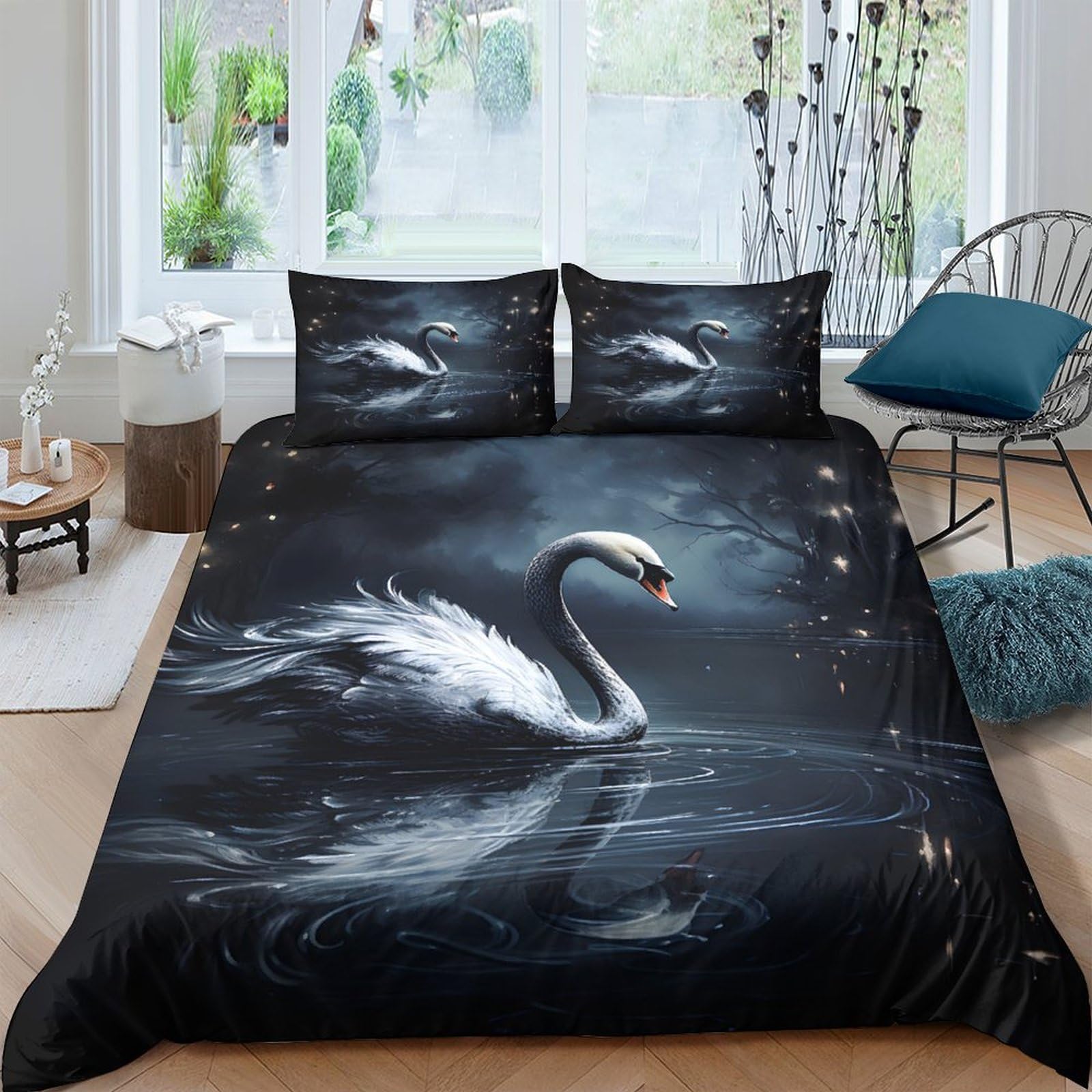 Ctjqhvkz Style-3 3D Printed Swan Lake Fitted Sheet Microfiber Soft Dark Artistic Water Reflection Mattress Cover For Bedroom Guest Room Decor Single（135X200cm）
