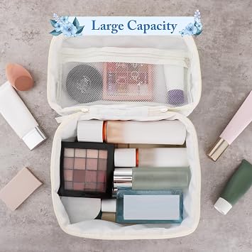 Quilted Cotton Makeup Bag - Blue Floral Travel Cosmetic Bags, Large Aesthetic Pouch with Compartments for Women and Girls Toiletry Brush Organizer, Blue, L, Lightweight