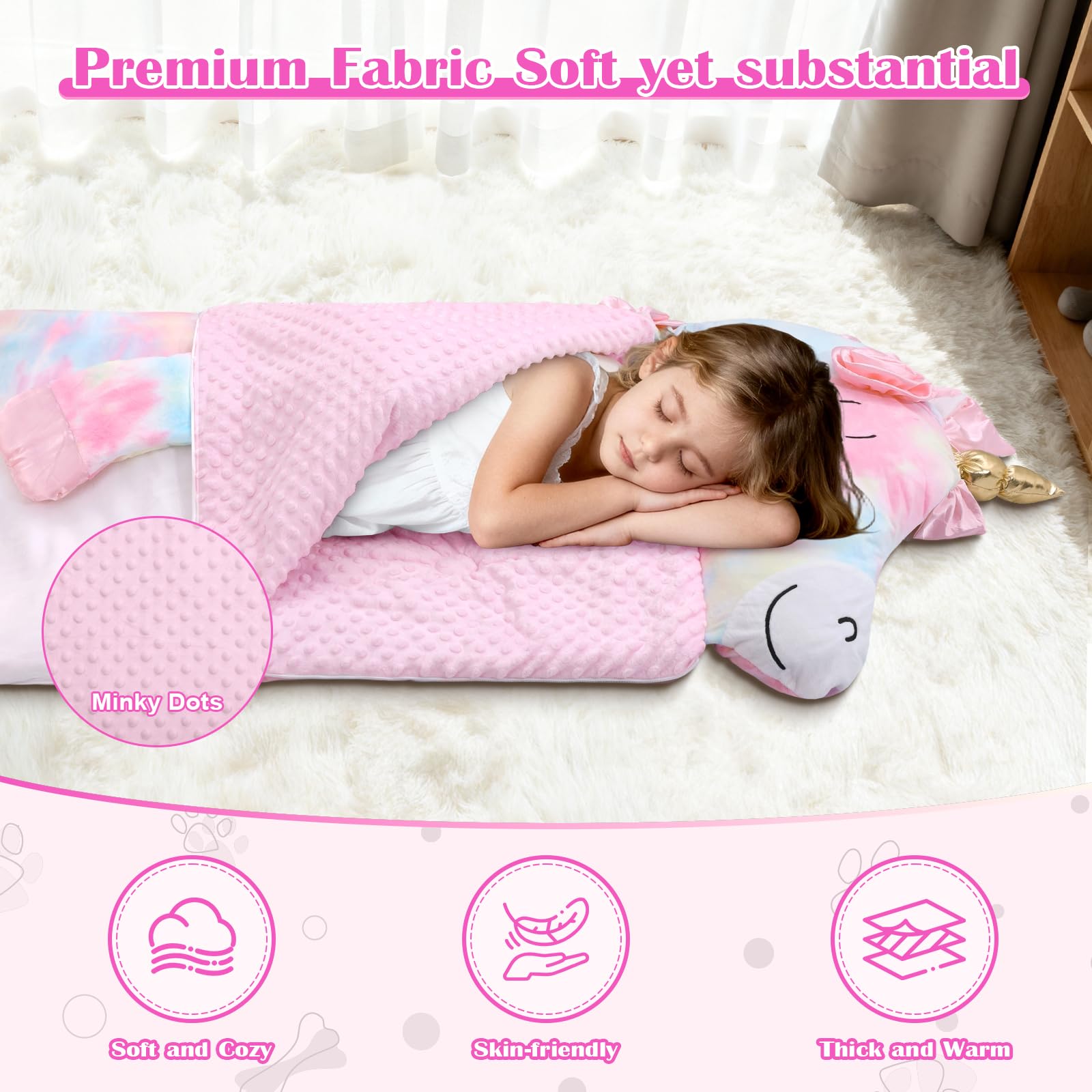 Kids Sleeping Bag with Pillow,Nap Mat for Toddler Boys Girls,Warm Plush Unicorn Toddler Slumber Bag 170x70 cm - Image 4