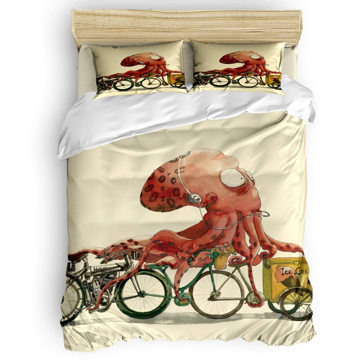 Printed Bedding Duvet Cover Ice Cream Kraken Octopus Unique Trendsetter Duvet Cover Set Soft Bedding Set 4 Pieces Includes Flat Sheet & Pillow Shams King Size