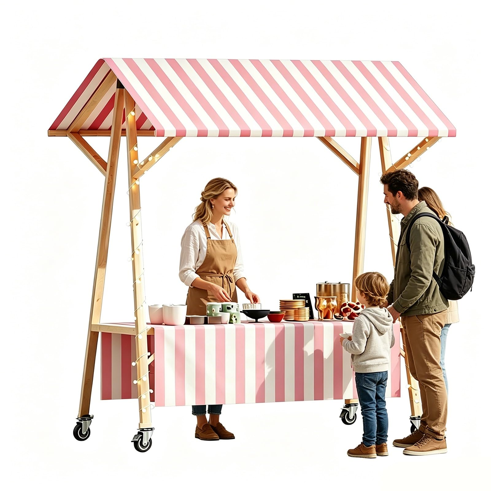GMBAYUE Portable Farmers Market Stand, Folding Wooden Food Cart with Canopy, Outdoor Vendor Cart for Street Vending, Parties and Events(Pink,59x24x79in/150x60x200cm)