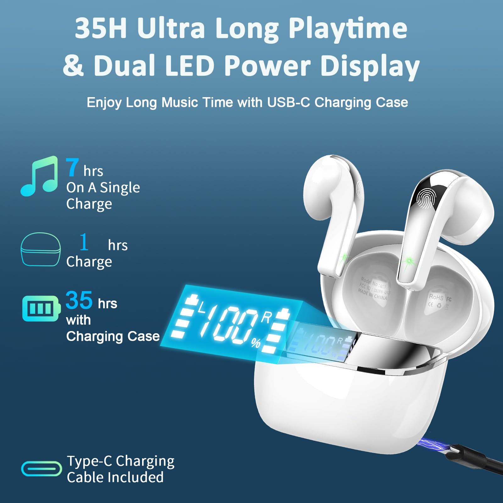 Cuffie Bluetooth, Auricolari Bluetooth 5.3, Cuffie Wireless in-ear Stereo HiFi con HD Mics, 35H Cuffiette Bluetooth Sport IP7 Impermeabile, cuffie Senza Fili LED Display, Earbuds Touch Control Bianco