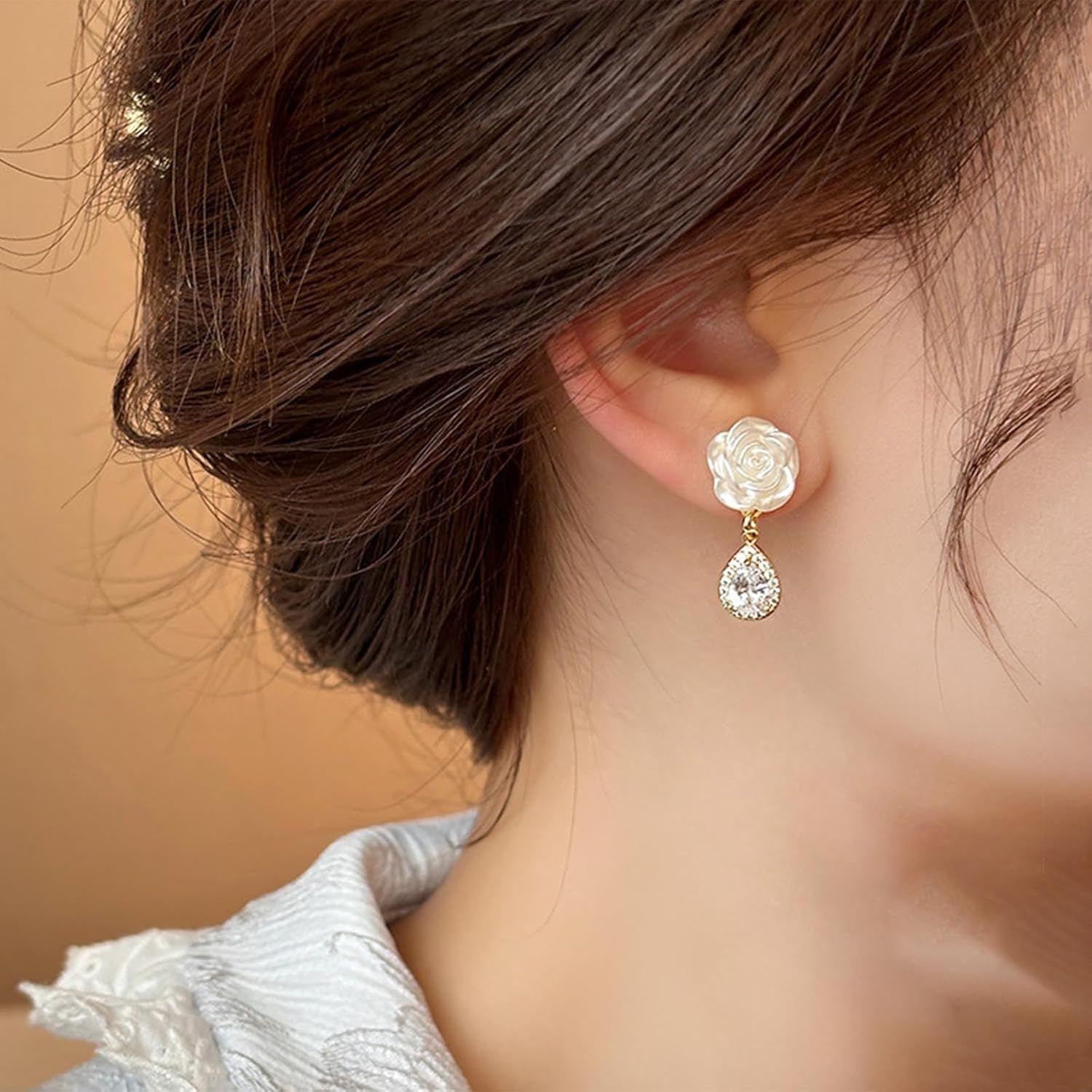 W WEILIRIAN Teardrop Crystal Dangle Earrings Boho Pearl Flower Earrings Flower Stud Earrings Sparkly Cz Earrings Rhinestone Pearl Bridal Wedding Earrings Jewelry - Image 2