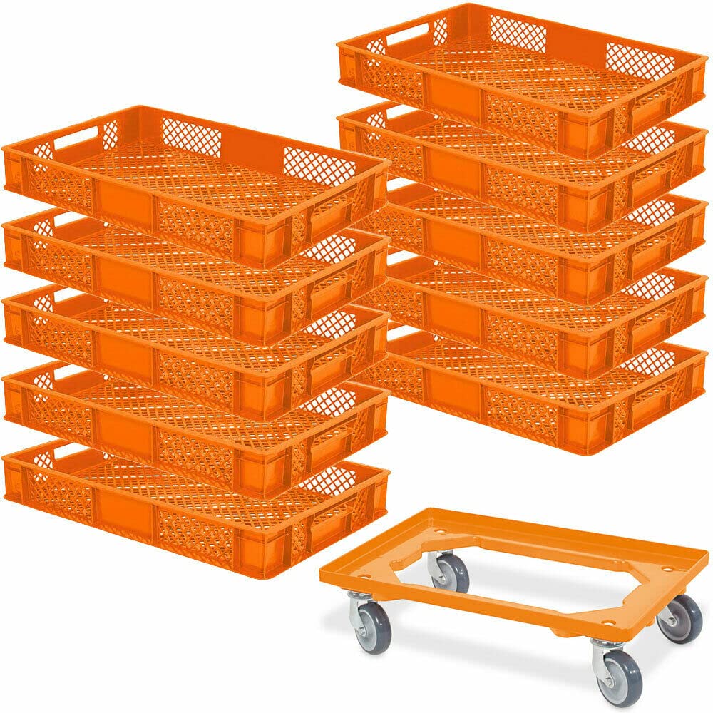 10 pojemników euro dł. x szer. x wys. 600 x 400 x 90 mm, jakość przemysłowa, nadaje się do kontaktu z żywnością + 1 wałek transportowy pomarańczowy