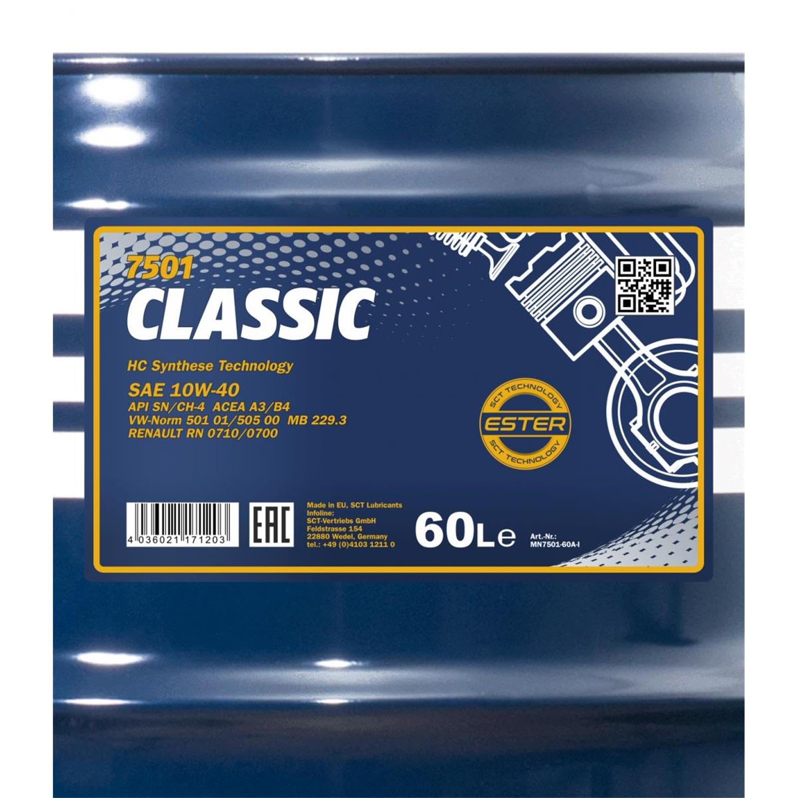 MANNOL Aceite de motor 10W-40 ContiClassic aceite parcialmente sintético ACEA A3/B4 API CH-4 API SN 60L Compatible con VW Polo V Hatchback 6R1, 6C1 up! Hatchback 121, 122, BL1, BL2, BL3, 123, TOYOTA