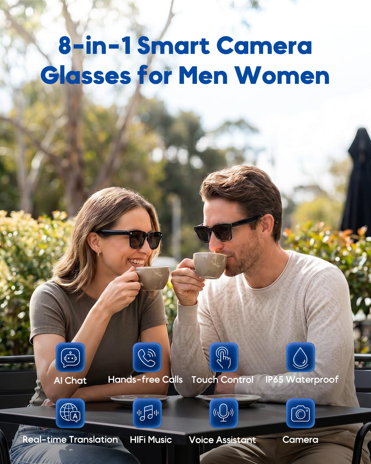 Lunettes Intelligentes avec Caméra et Bluetooth, 8 Mpx, HD 1200P | en Charge L'enregistrement Photo/Vidéo/Audio, La Traduction en Temps Réel, L'assistant Vocal et La Reconnaissance D'objets