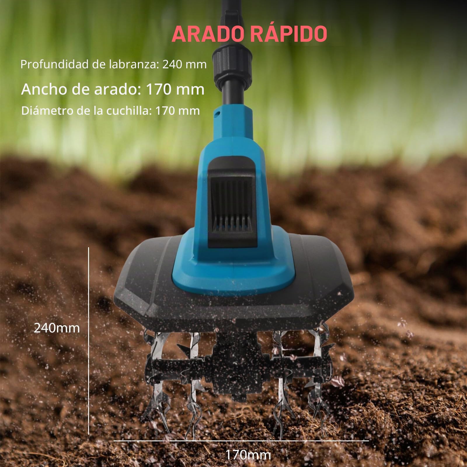 Motocultor eléctrico de batería para Makita de 18 V, azada de suelo con doble rueda de 4 cuchillas, diseño desmontable, ancho de trabajo de 17 cm, profundidad de trabajo de 24 cm, para agricultura y