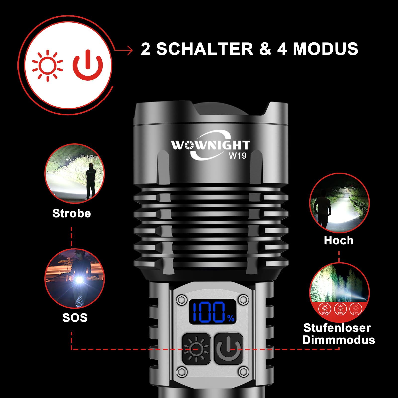 Lampe Torche 1,000,000 Lumens, 50W 2 Interrupteurs Lampe Torche LED Ultra Puissante, Lampe De Poche Rechargeable Puissante USB, Variation Infinie &IPX6 Lampe Tactique pour Camping et Urgences