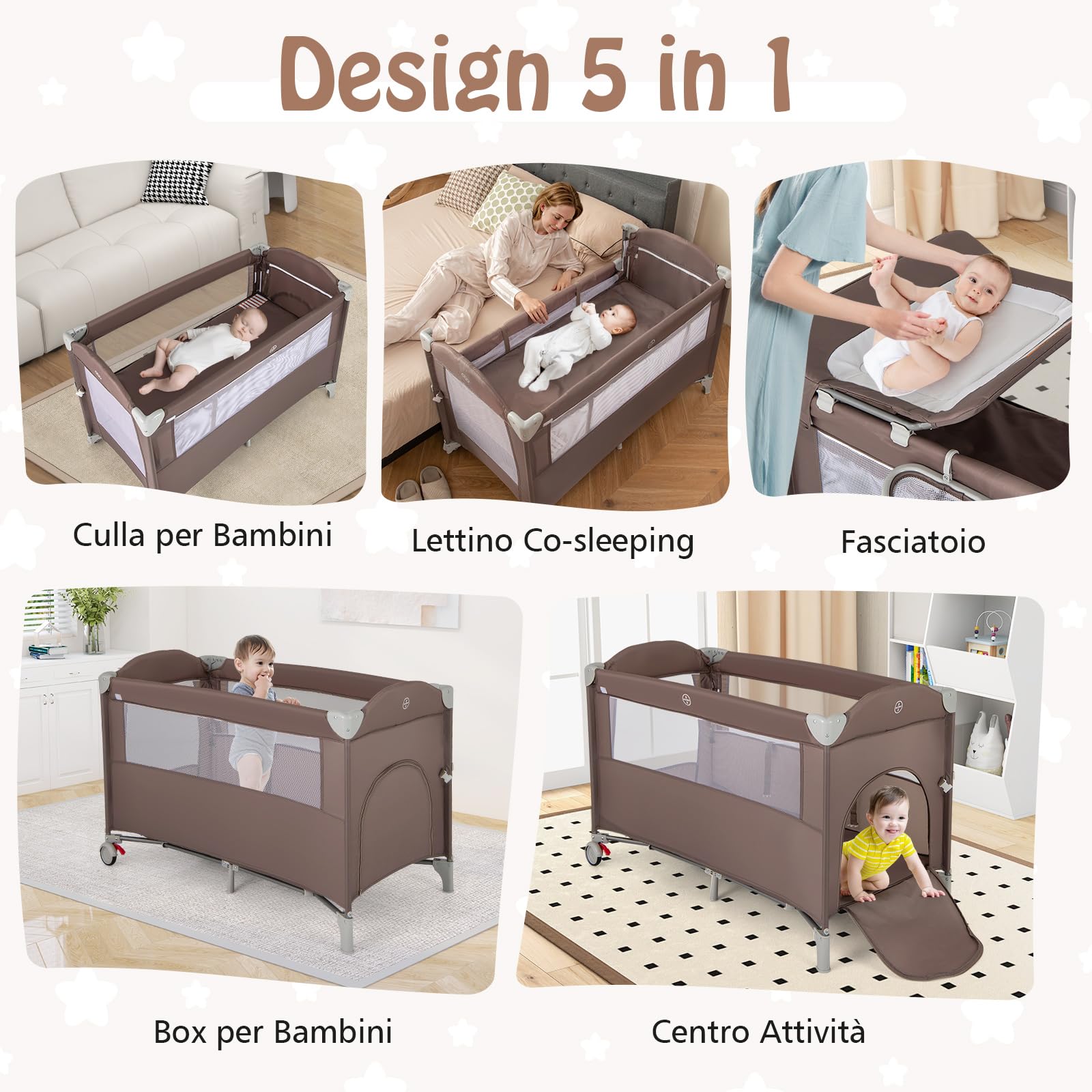 RELAX4LIFE 5 in 1 Lettino da Campeggio per Bambini, Culla Neonato con Fasciatoio e Cingia Fissagio, Carillon e 3 Giocattoli Appesi, Adatto a Bambini da 0-36 Mesi (Marrone)