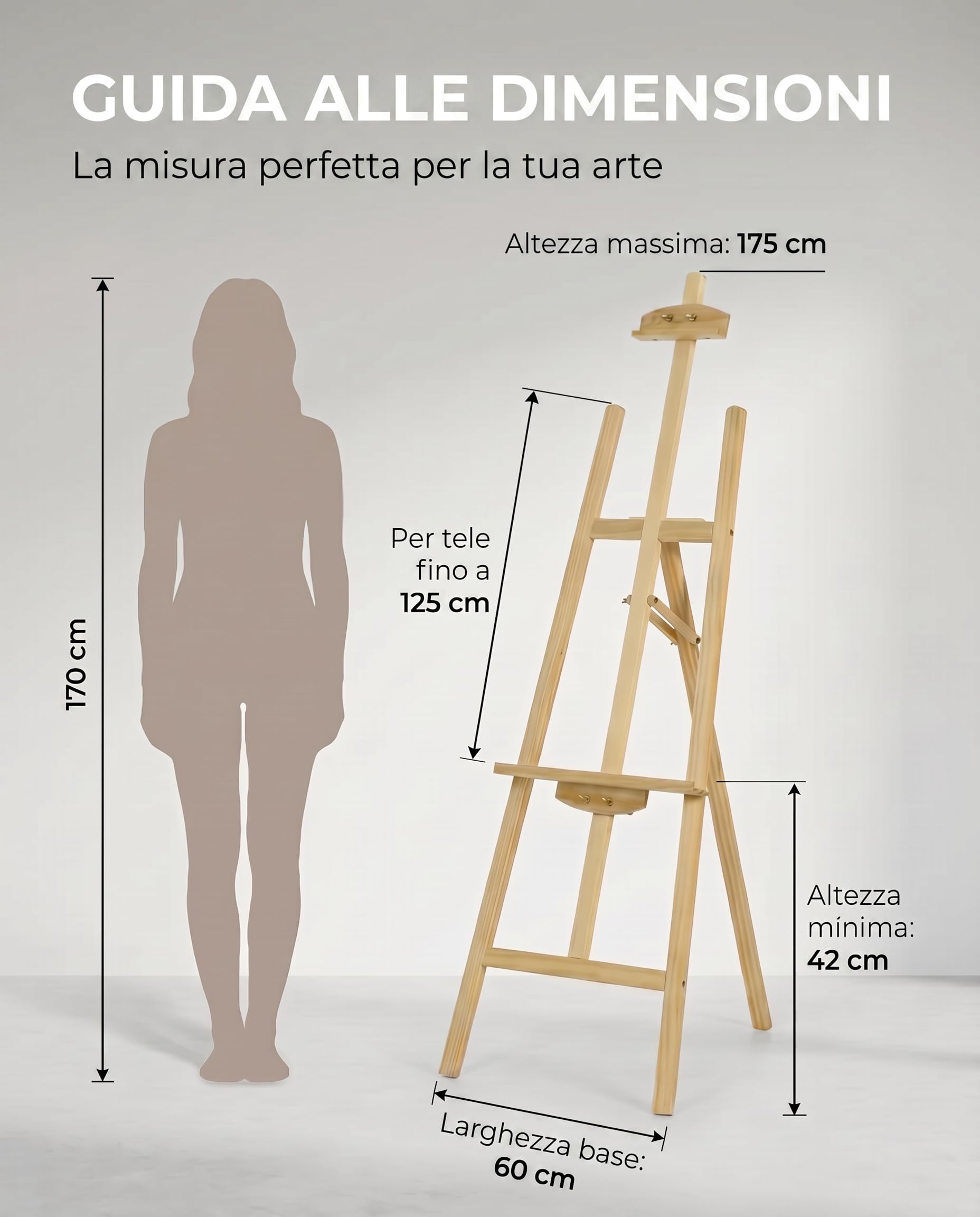 NOGUI - Cavalletto Pittura - Cavalletto in Legno di Pino 175 cm - Altezza e Inclinazione Regolabile - Ideale per Esposizioni Bambini e Adulti - Leggero e facile da piegare