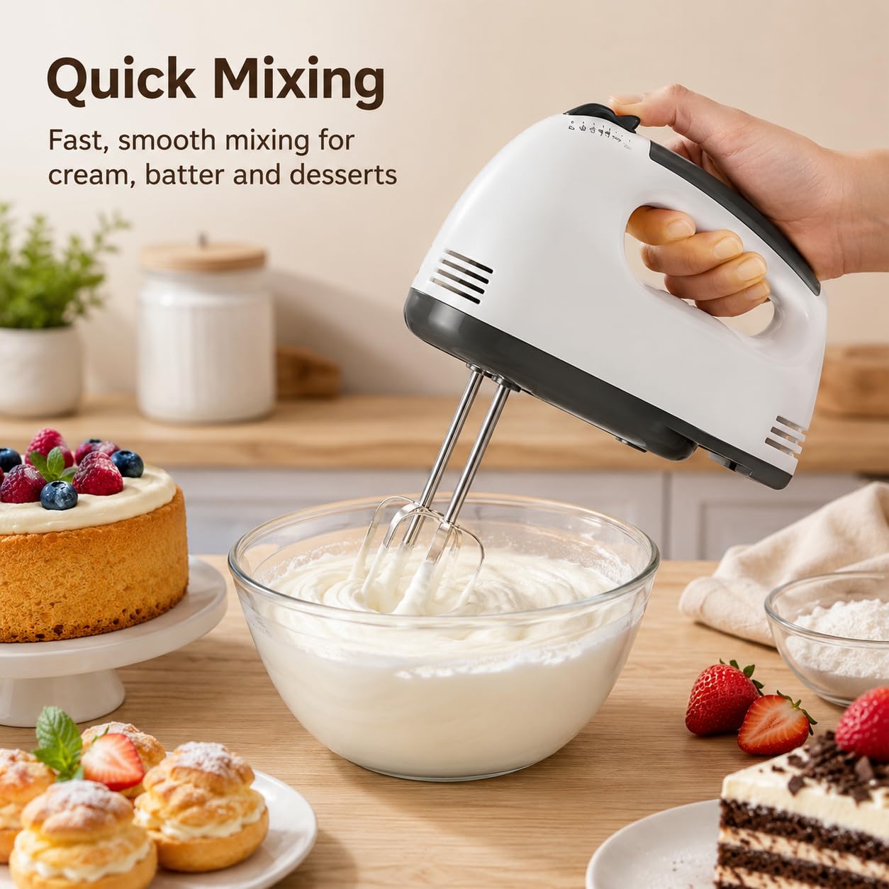 Batidora de pie de 7 velocidades con cuenco de acero inoxidable de 2 L, gancho de masa y batidor de alambre, batidora de mano de cocina para hornear, pasteles y amasar