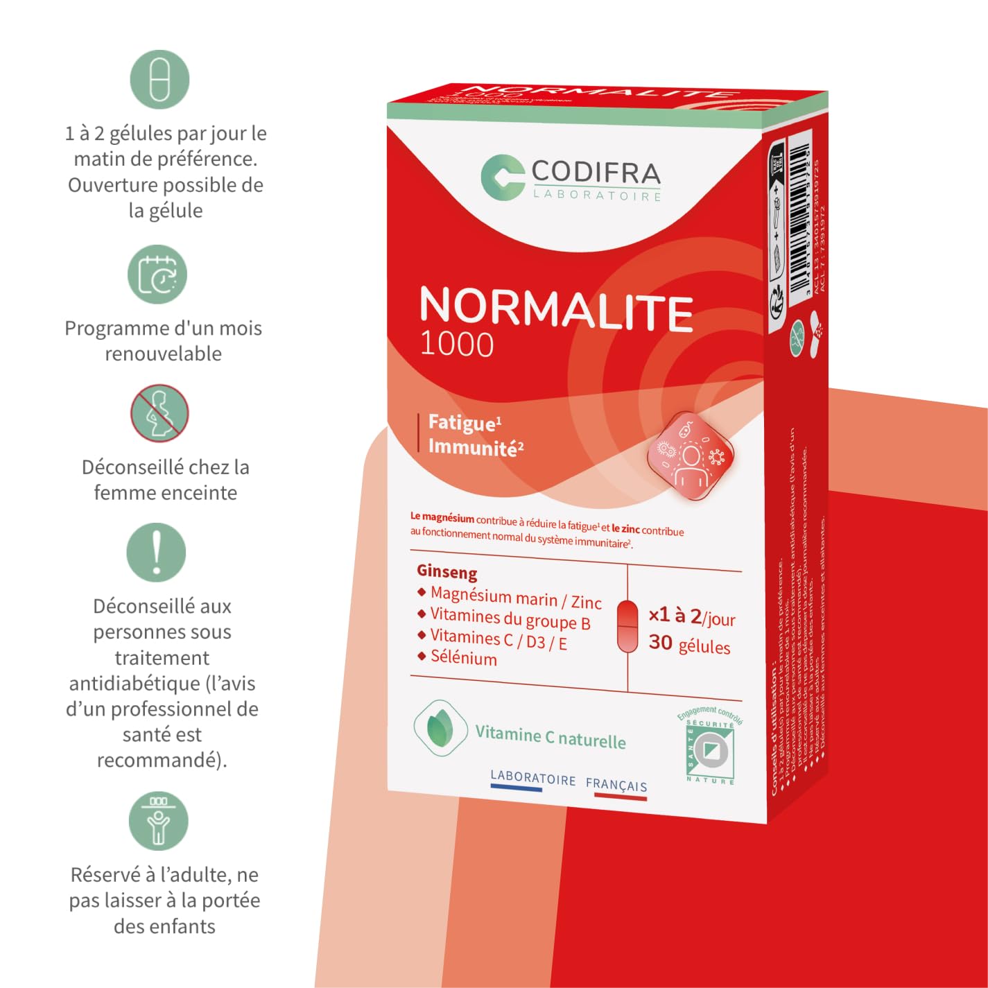 CODIFRA | Normalite 1000, Complément Alimentaire Fatigue, Immunité | Boost Naturel | Panax Ginseng, Magnésium, Vitamines | Fabrication Française | Origine Végétale | Lot de 2x 30 Gélules