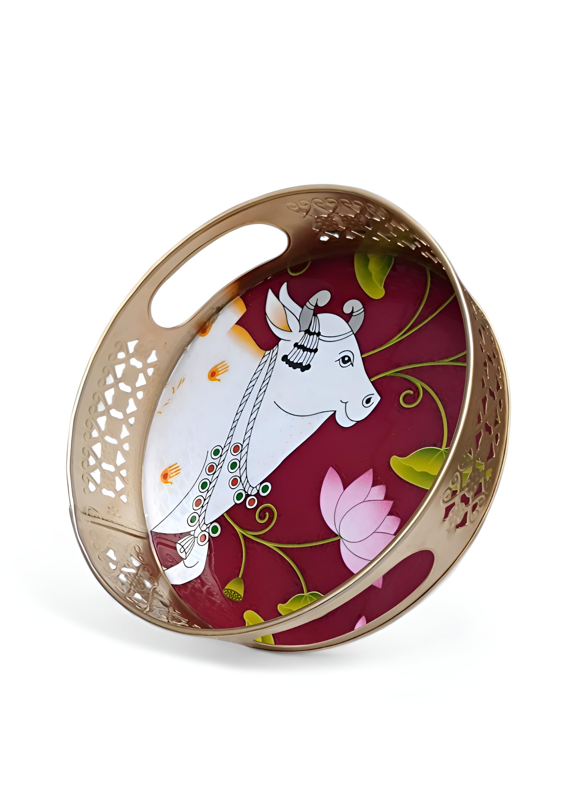 8 Inch Decorative Metal Serving Tray with Sacred Cow & Lotus Artwork | Pichwai Design Round Tray for Pooja, Festive Gifts, Snacks | Resin Coated, Gold Finish