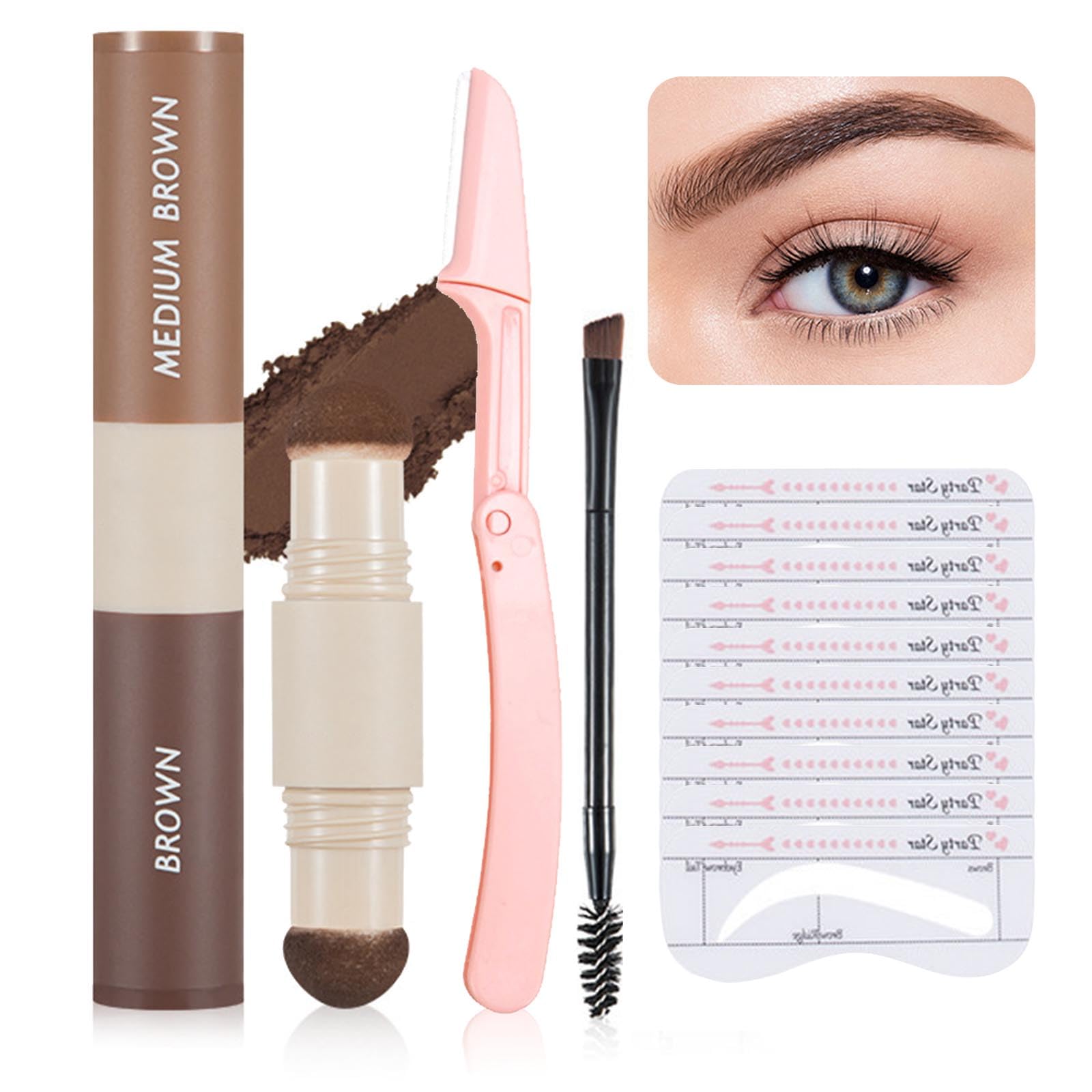 Eyebrow Stamp, Eyebrow Stencil Kit Shaper Kit Brow Cream Stamp Set Waterproof Smudge Proof Multifunction Long Lasting colour For Eyebrow Eyeshadow Face Hairline (Medium Brown & Brown)