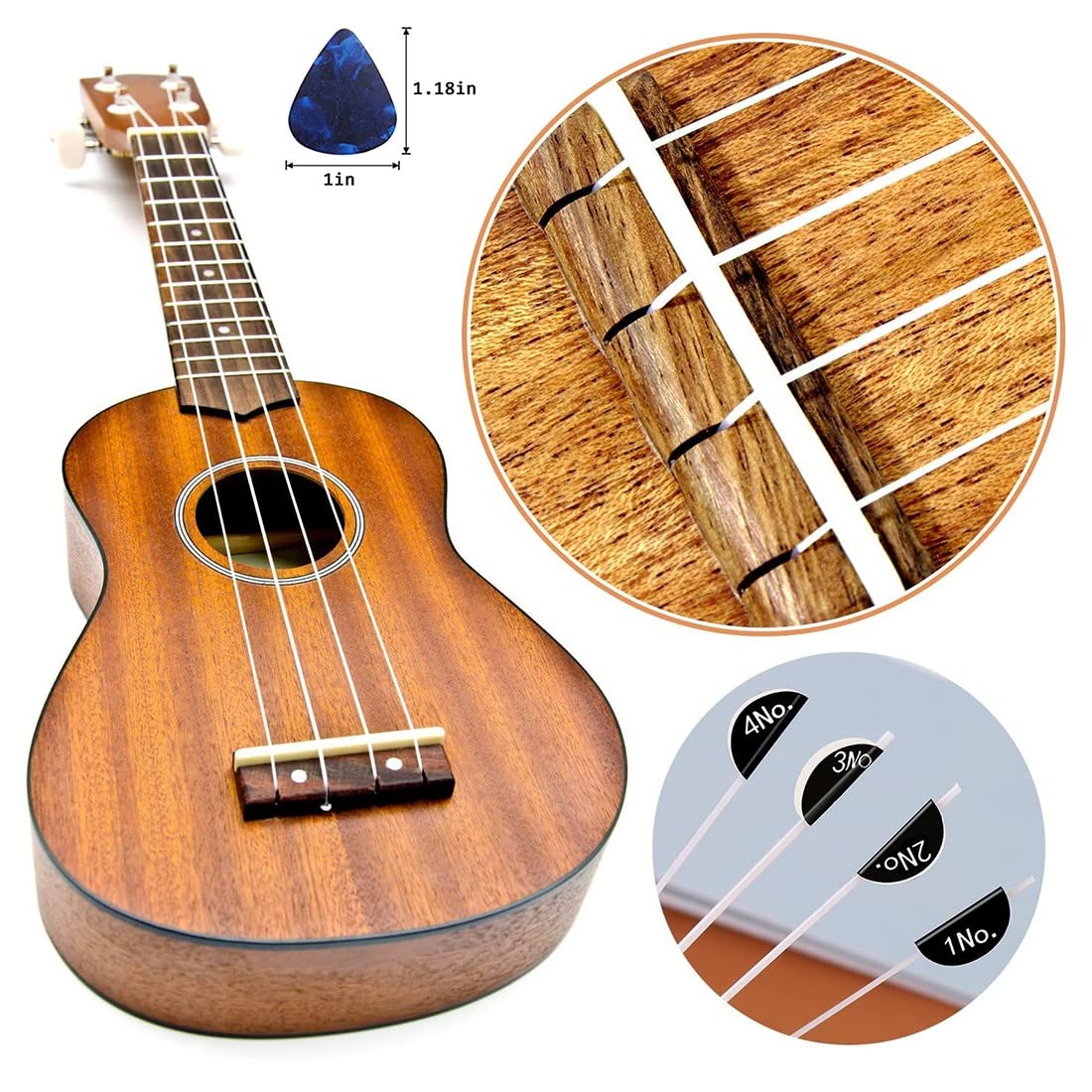 6 piezas Incluye 2 juegos de cuerdas de nailon para ukelele Soprano Barítono Concierto Cuerdas blancas para soprano (21") / Concierto (23") / Tenor (26") y 4 celuloide