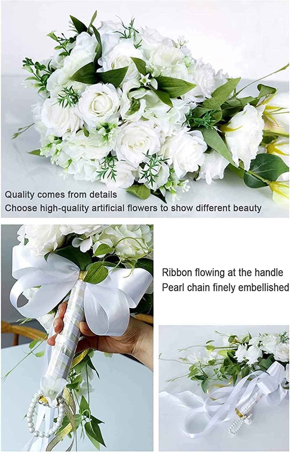 Amazon.co.jp: 造花ブーケ、花を持つ花嫁、リボン付きホワイトローズ