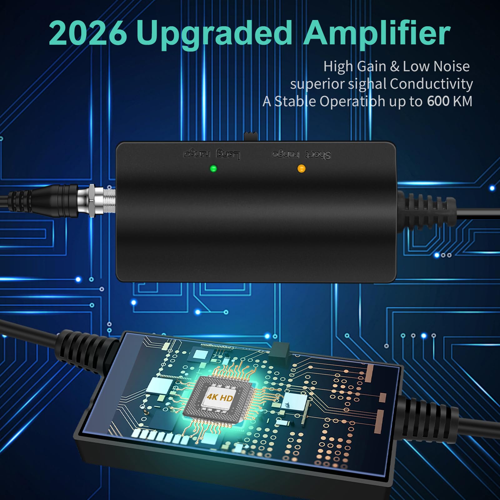 600km+ Antena TV Interior Potente，2026 Nueva Antena TDT Interior con Amplificador De Señal En，360°Recibe Canales De TV De Alta Definición 8K 4K 1080P，Compatible con Todos Los Tvs，Cable Coax De 10M