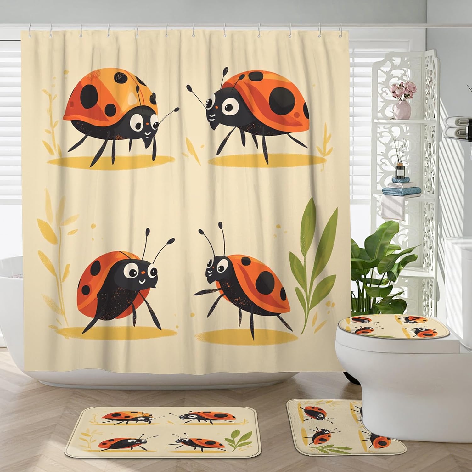 4PCS Cartoon Kids Ladybug Bathroom Accessory Sets with Non-Slip Rug, U Shape and Toilet Lid Cover Mat, Cute Fun Insect Bathroom Fabric Decor-72''x72''