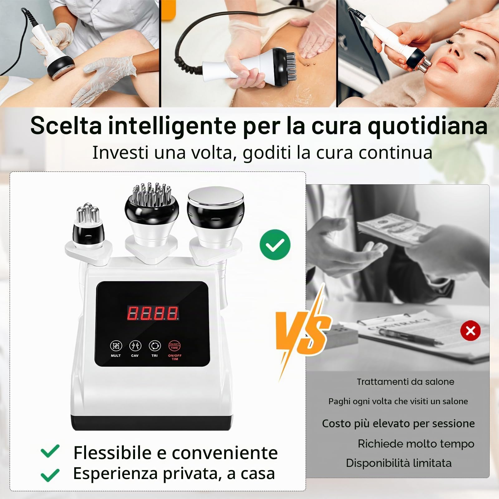 Dispositivo a radiofrequenza 3 in 1 per viso e corpo, cavitazione 40 kHz, RF, EMS, luce rossa e funzione di calore, 9 livelli di intensità, per rassodare la pelle e modellare il corpo