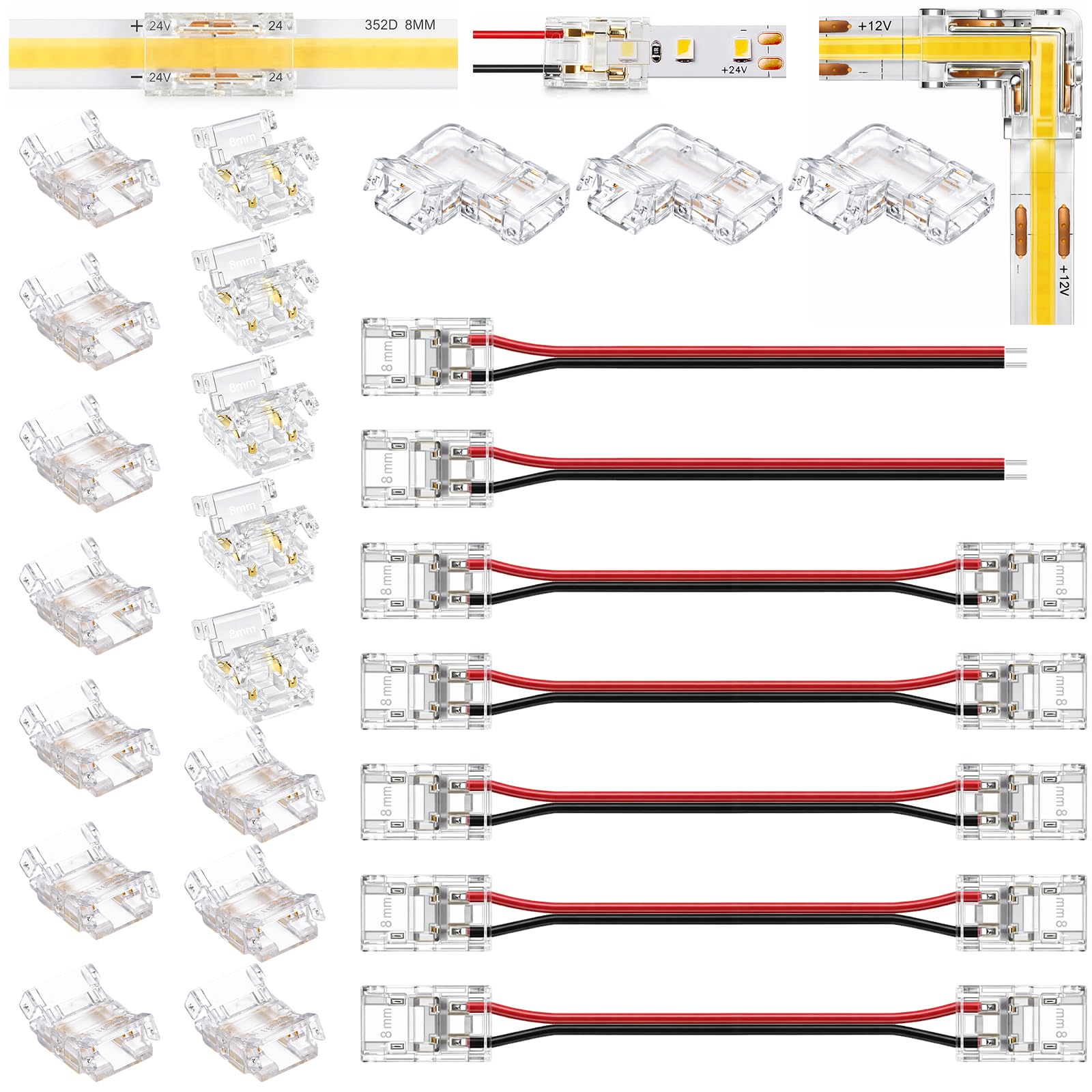 CoKeeSun 25PCS 2 Pin 8MM COB LED Strip Light Connectors Solderless Kit, Includes 7 Connectors with Extension Leads, 10 Gapless Couplers, 5 Strip to Wire, 3 L Shape for COB SMD Tape, 0-24V